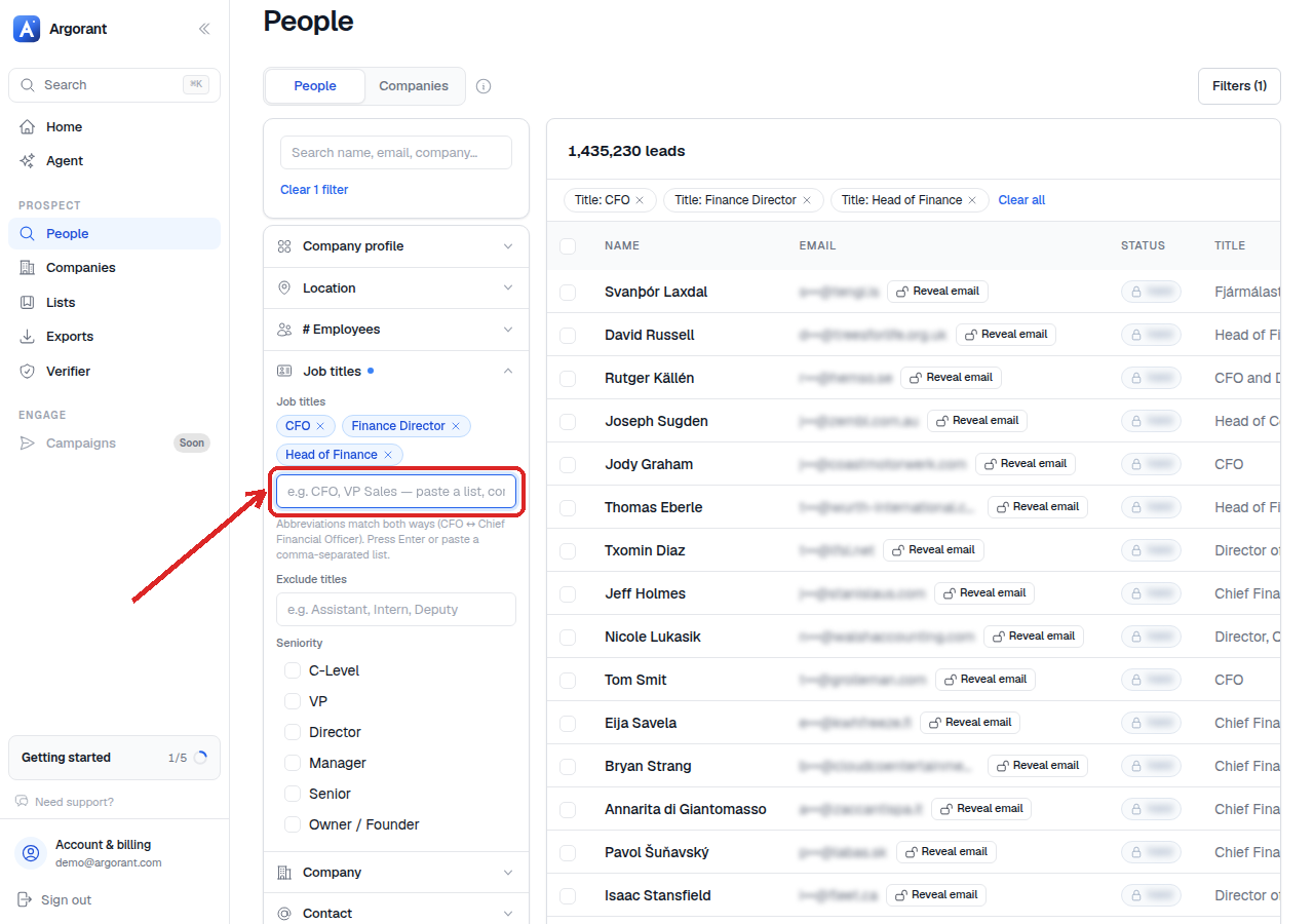Title field containing a comma-separated list of finance titles