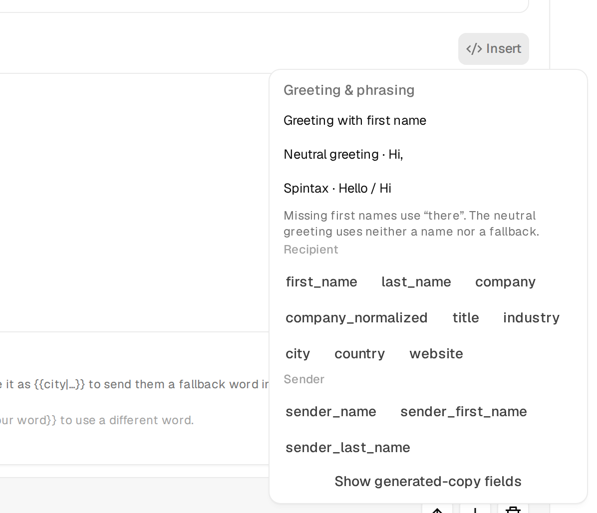 The Insert menu next to the body with the Spintax · Hello / Hi snippet