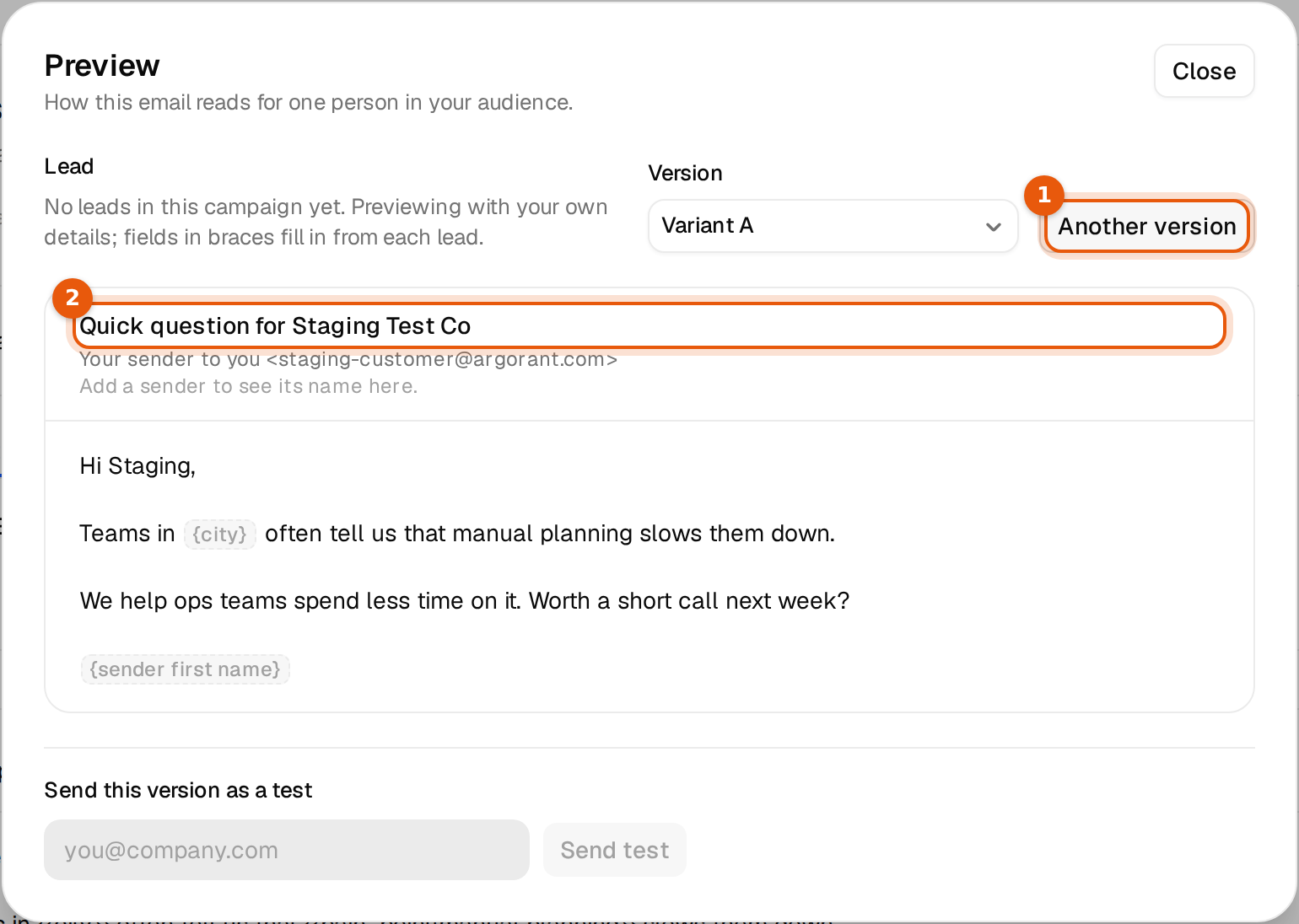 The preview window with the Another version button and the rendered subject