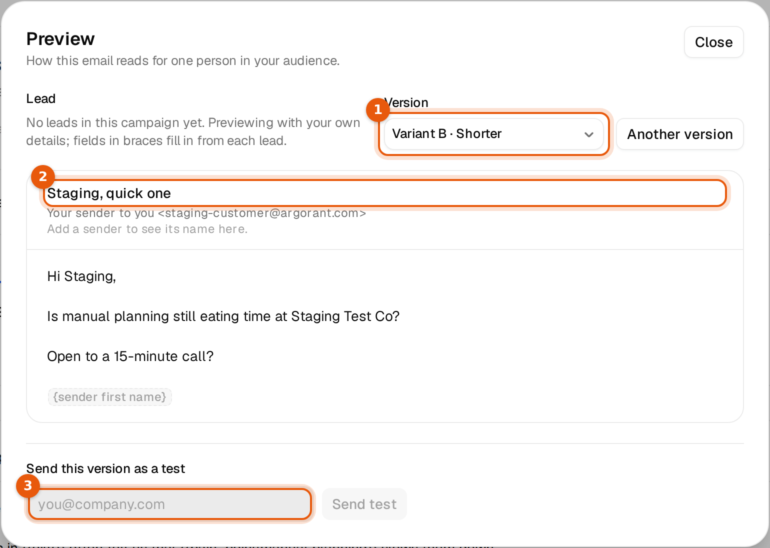 The preview window with Version set to Variant B and its subject and body