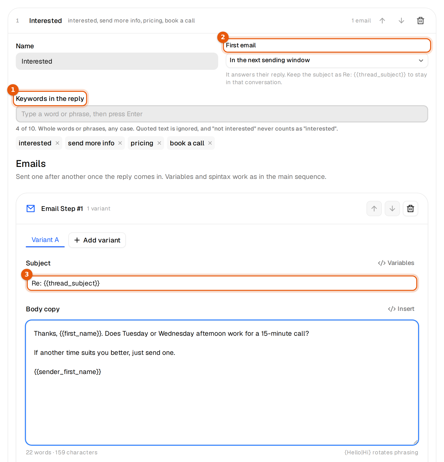 An open subsequence named Interested with four keywords, the First email timing and a Re: {{thread_subject}} subject