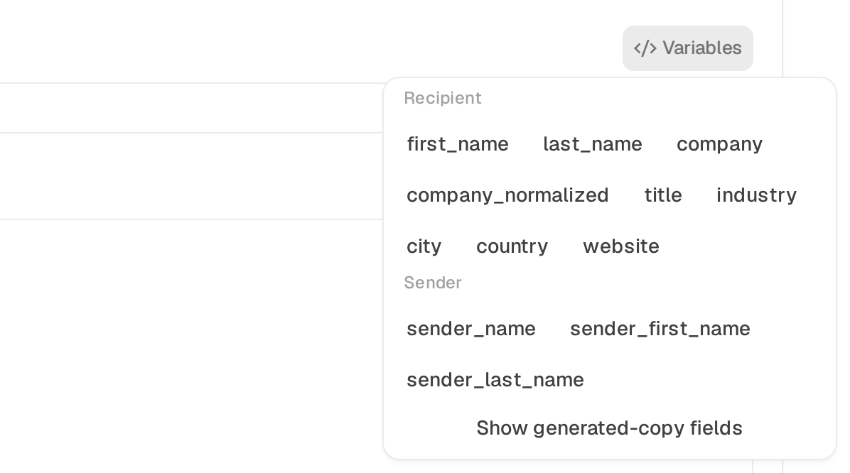 The Variables menu open next to the subject, with Recipient and Sender groups
