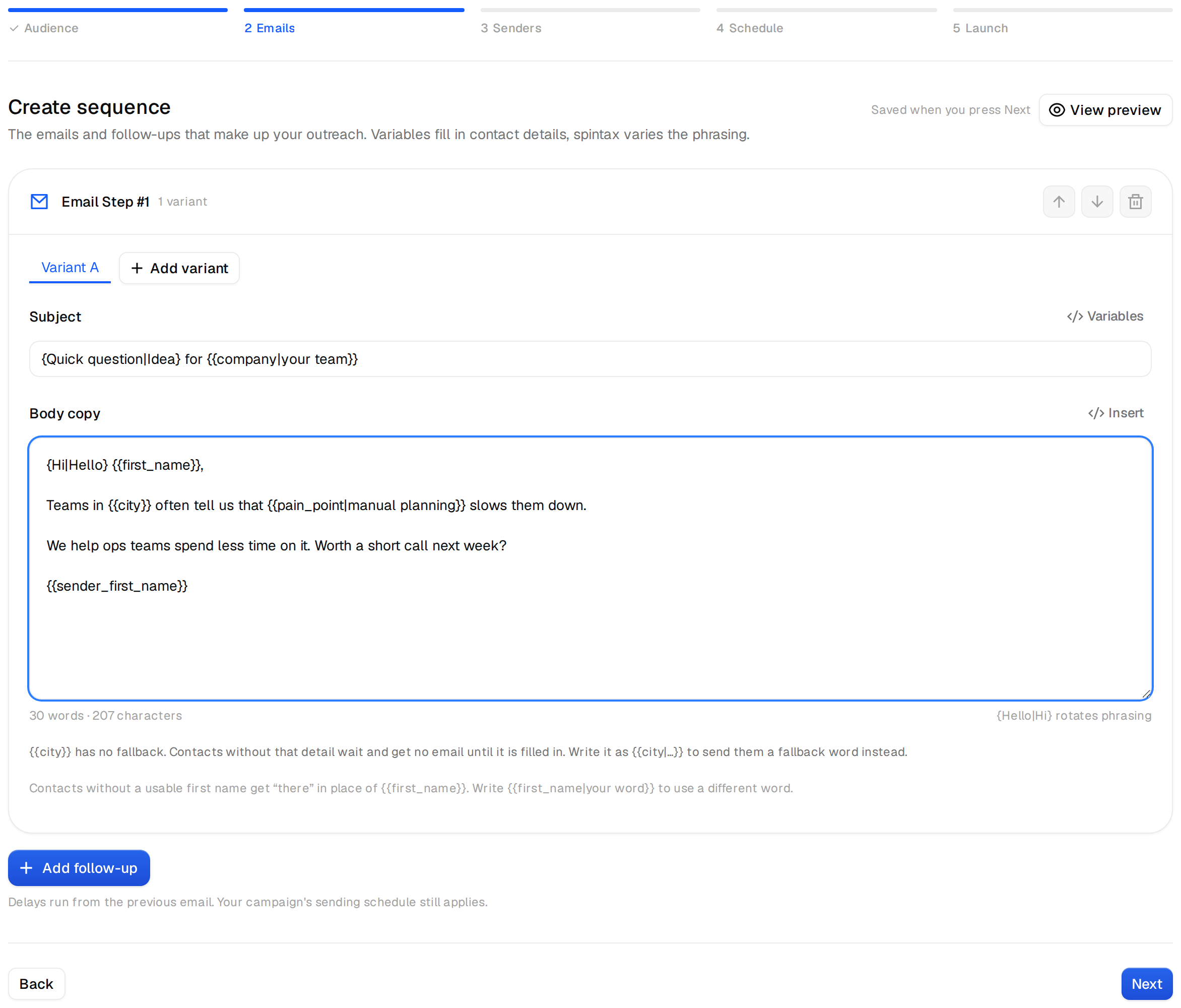 The first email of a new campaign using {{city}} and {{pain_point}} from the CSV
