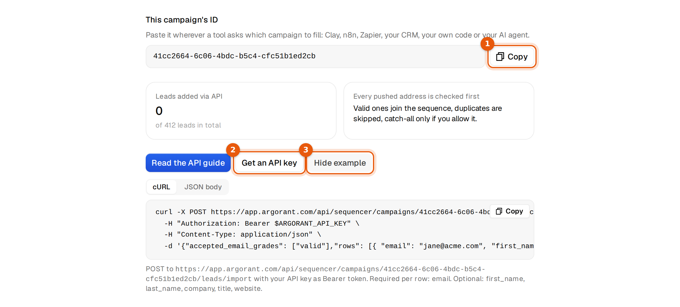 The API tab with the campaign ID, the Copy button, Get an API key and an example request