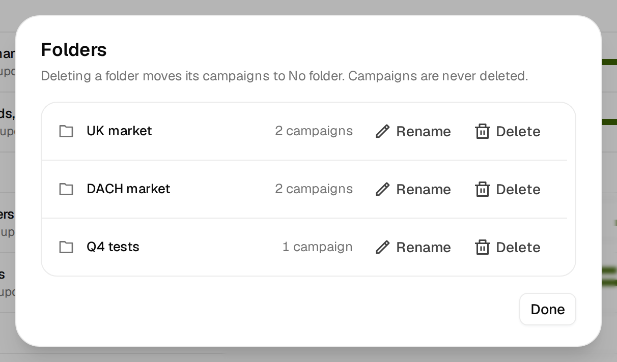 The Folders dialog with Rename and Delete next to each folder