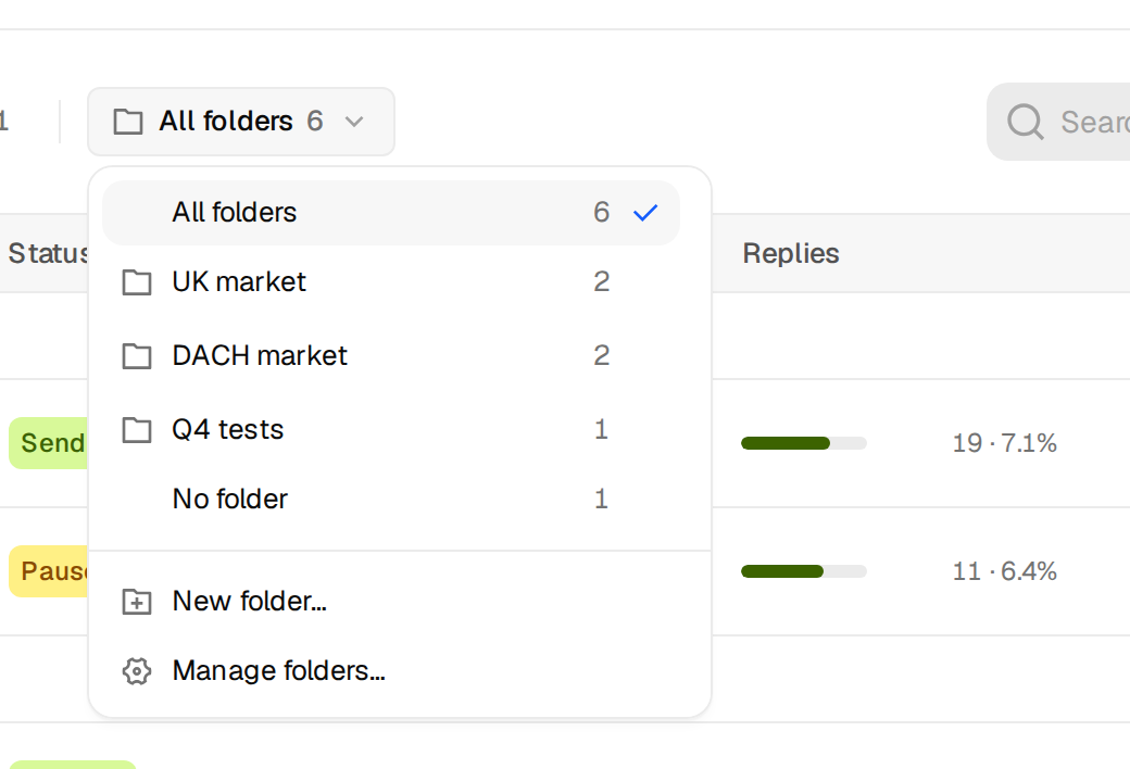 The open folder menu with All folders, three folders with counts, No folder, New folder and Manage folders