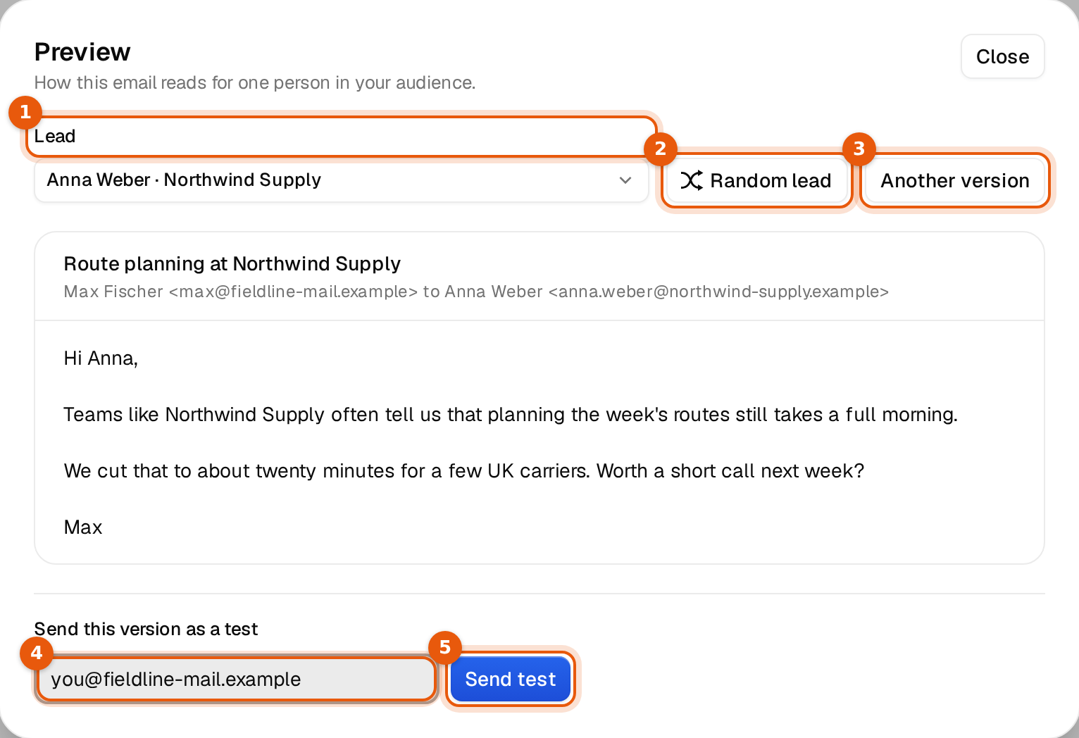 The Preview window with the Lead picker, Random lead, Another version and the test recipient field marked