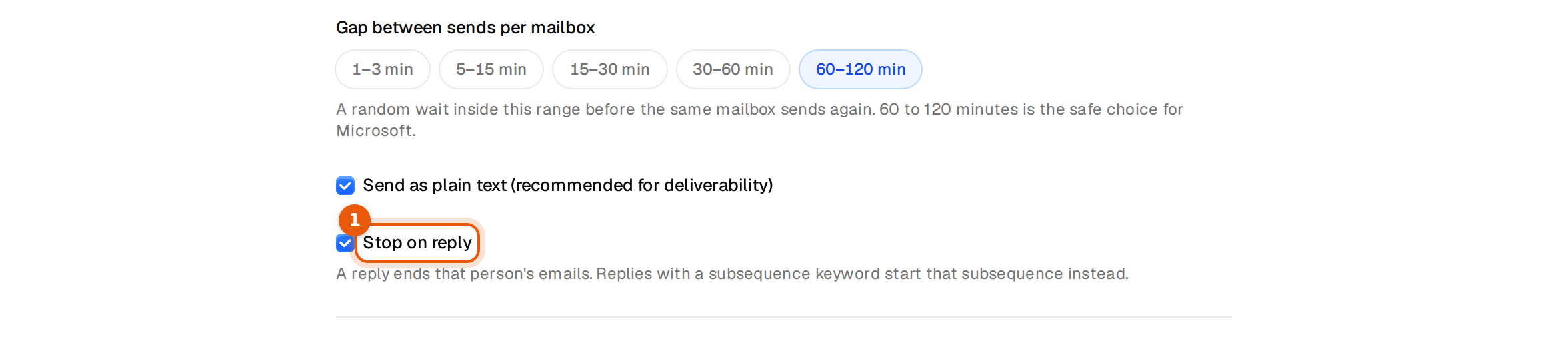 The Settings tab with Send as plain text and Stop on reply ticked