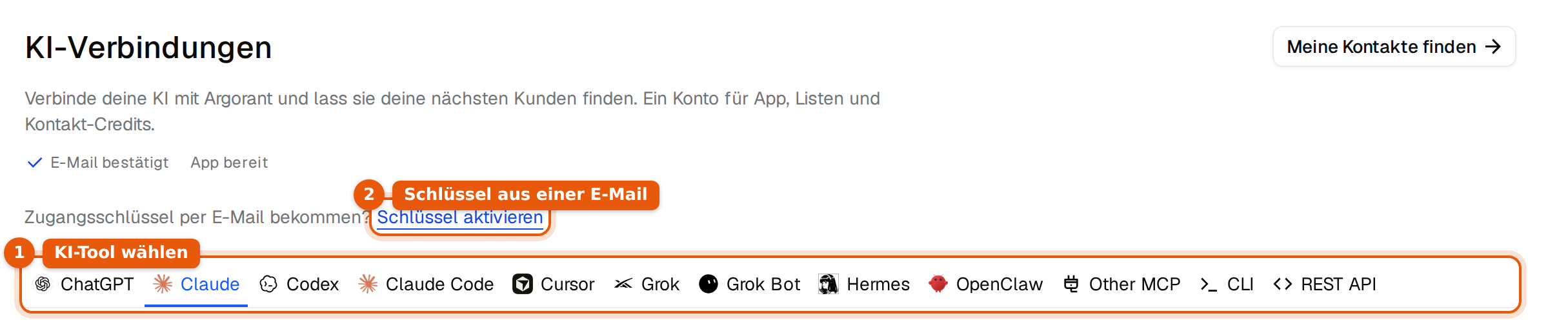 Der obere Teil der Seite KI-Verbindungen mit der Reihe der Tabs für die KI-Tools und dem Link Schlüssel aktivieren