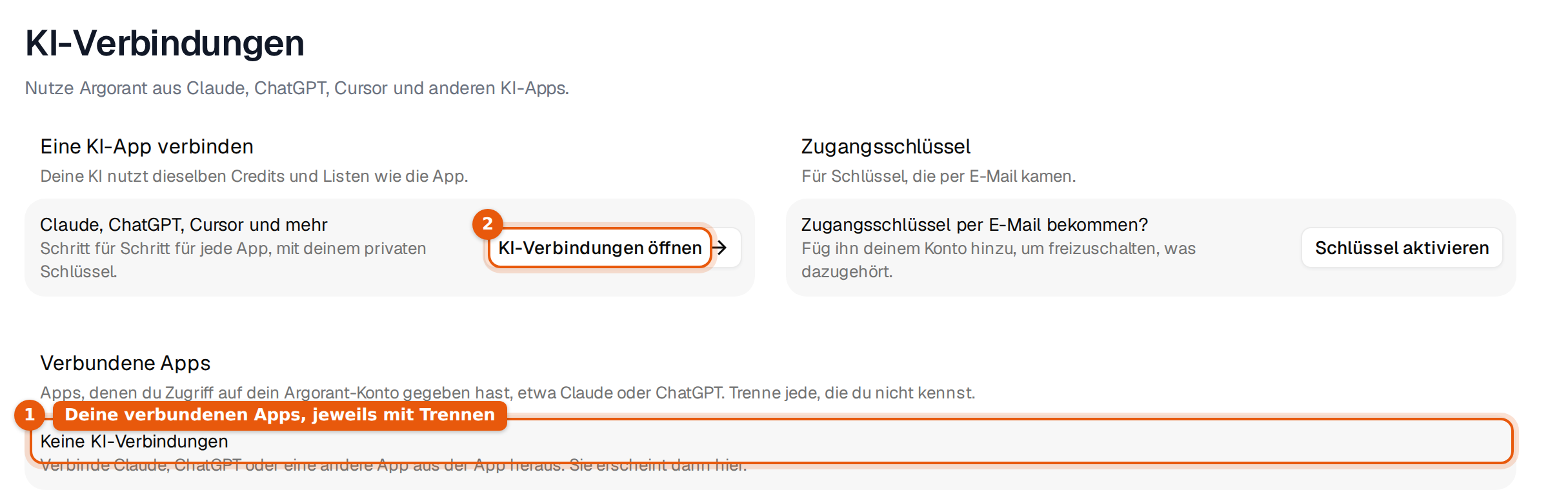 Die Einstellungen in Argorant mit den verbundenen KI-Apps