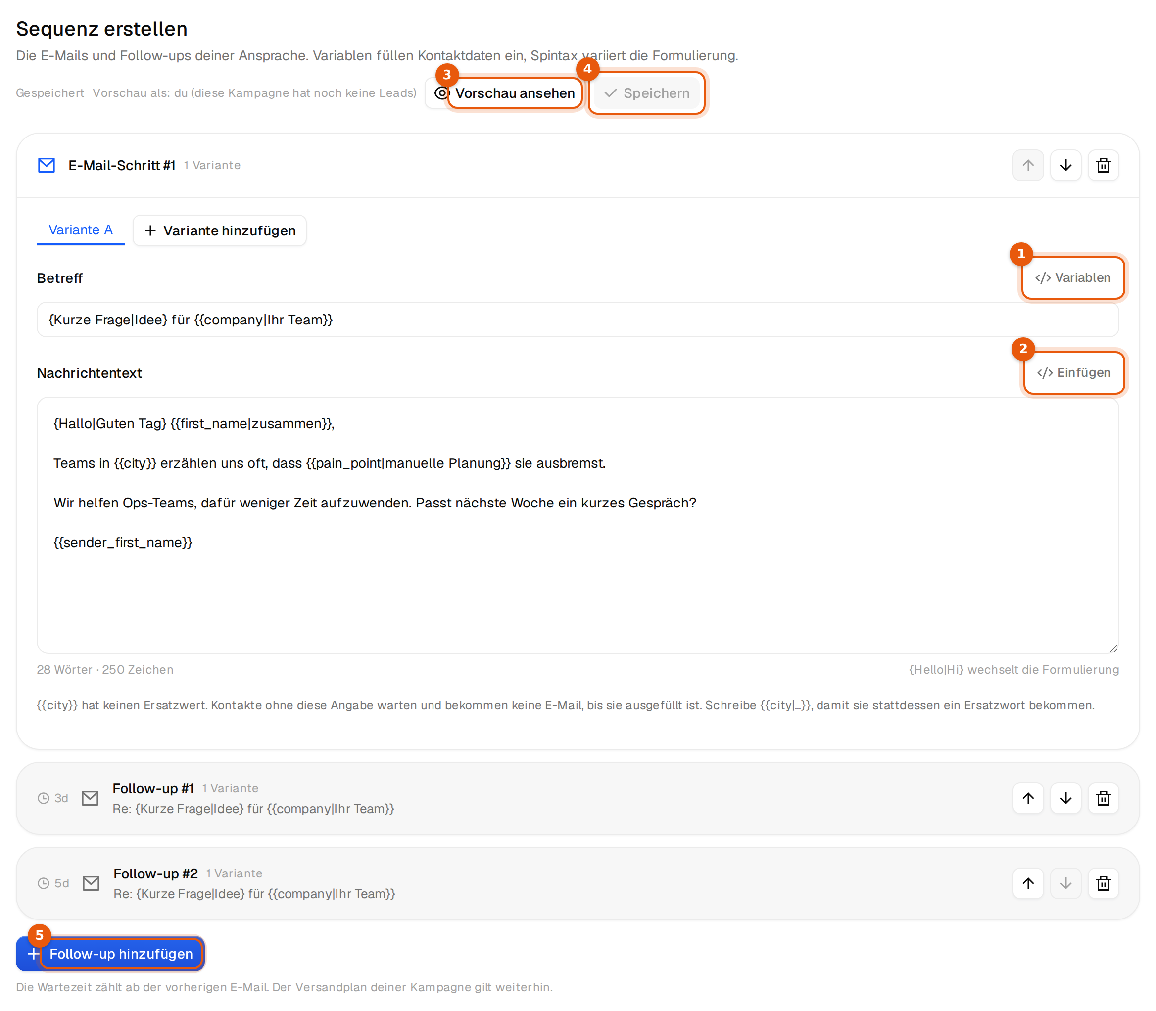 Der Sequenz-Editor mit geöffneter erster E-Mail und zwei zugeklappten Follow-ups darunter