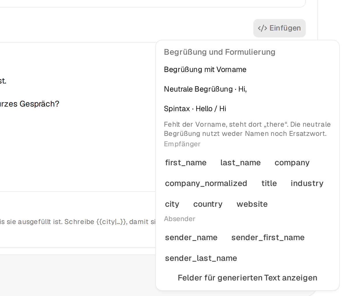 Das Menü Einfügen neben dem Text mit dem Baustein Spintax · Hello / Hi