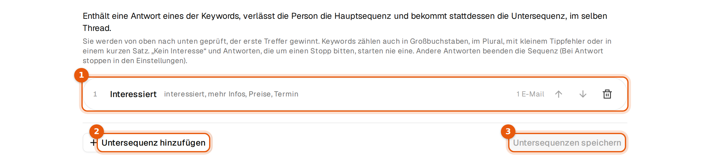 Der Tab Untersequenzen mit einer zugeklappten Untersequenz und den Knöpfen Untersequenz hinzufügen und Untersequenzen speichern
