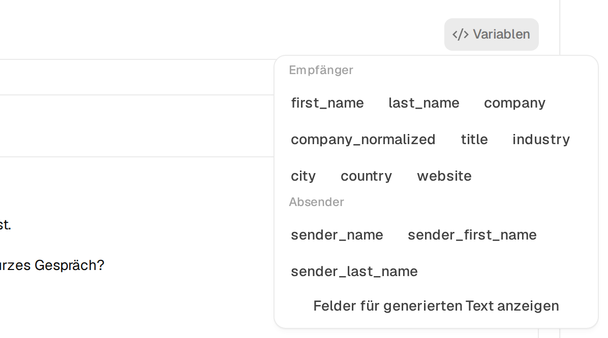 Das geöffnete Menü Variablen neben dem Betreff mit den Gruppen Empfänger und Absender