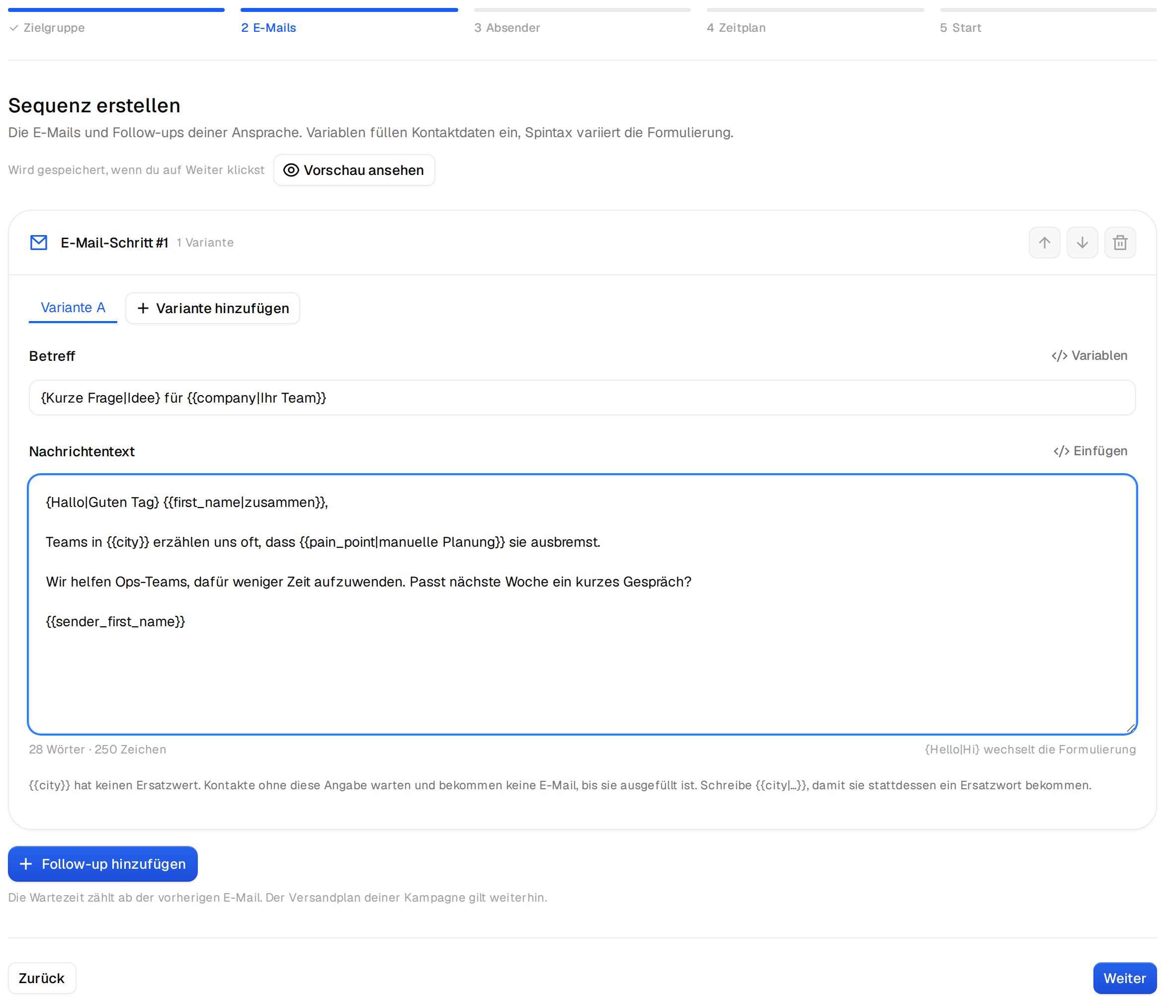 Die erste E-Mail einer neuen Kampagne mit {{city}} und {{pain_point}} aus der CSV-Datei