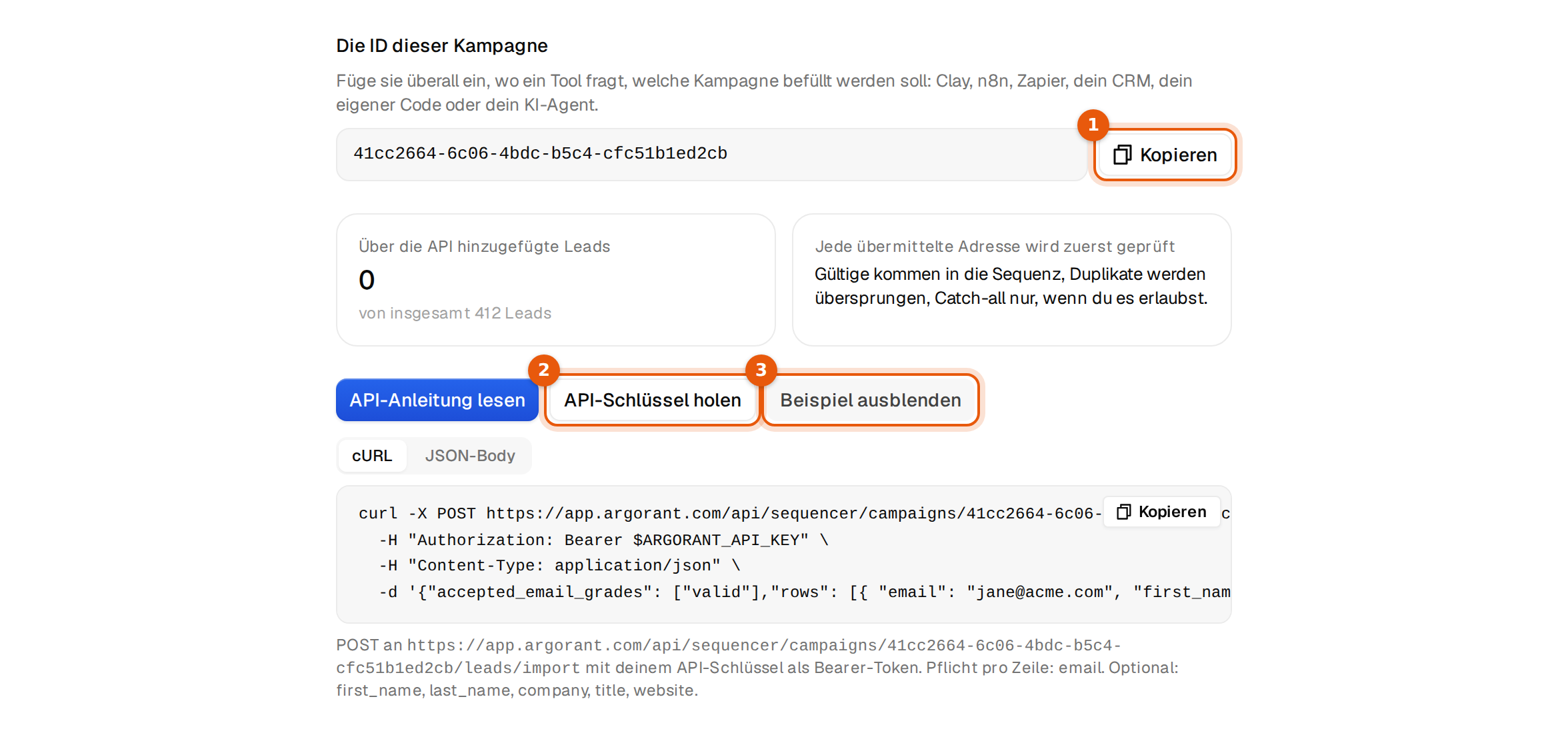Der Tab API mit der Kampagnen-ID, dem Button Kopieren, API-Schlüssel holen und einer Beispielanfrage