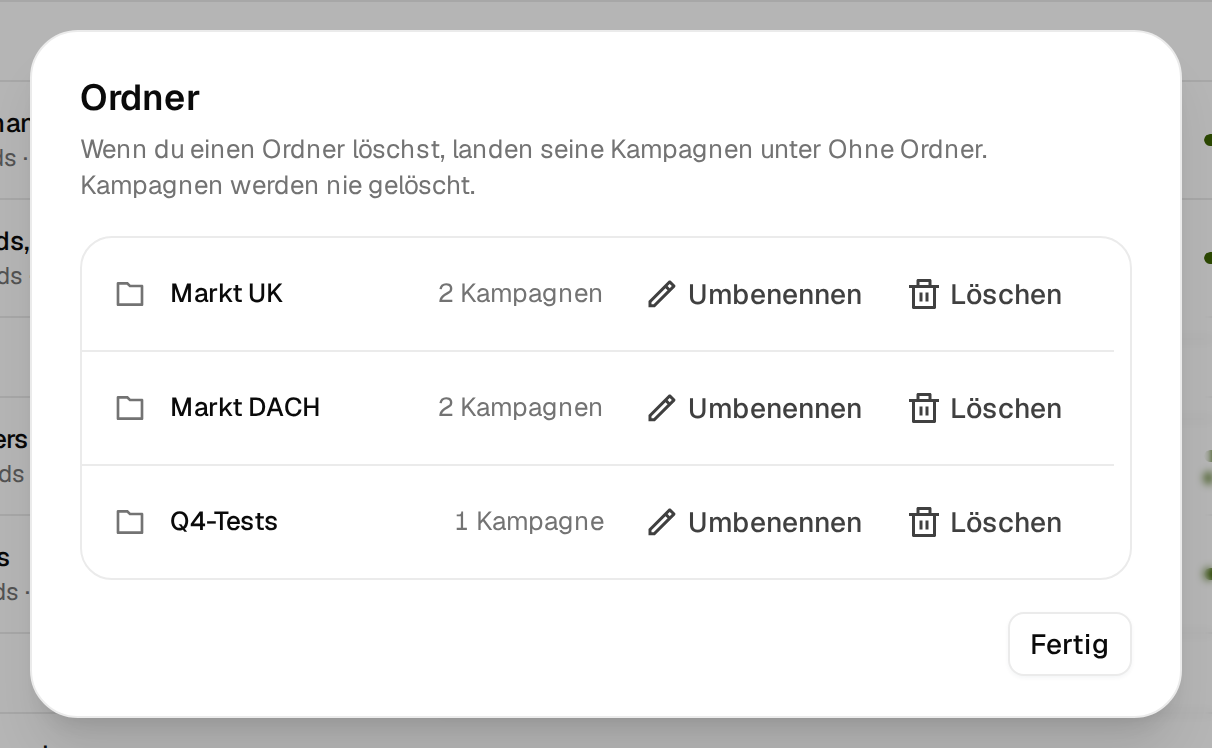 Das Fenster Ordner mit Umbenennen und Löschen neben jedem Ordner
