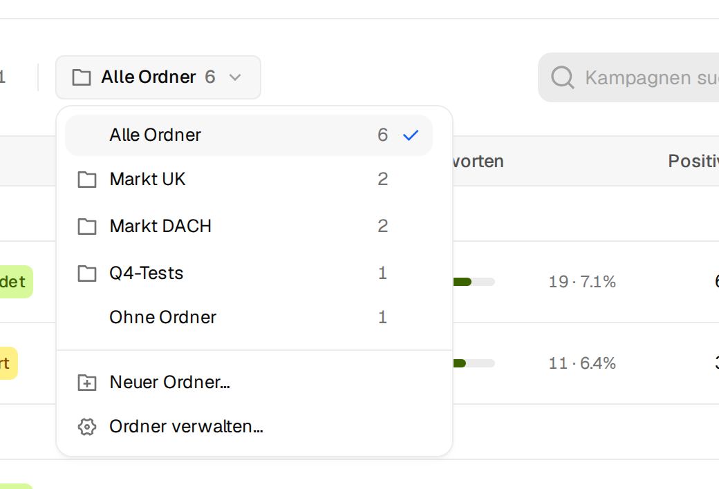 Das geöffnete Ordnermenü mit Alle Ordner, drei Ordnern mit Zahlen, Ohne Ordner, Neuer Ordner und Ordner verwalten