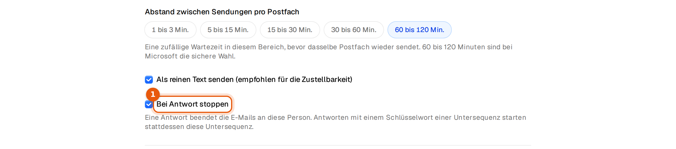 Der Tab Einstellungen mit angehaktem Als reinen Text senden und Bei Antwort stoppen