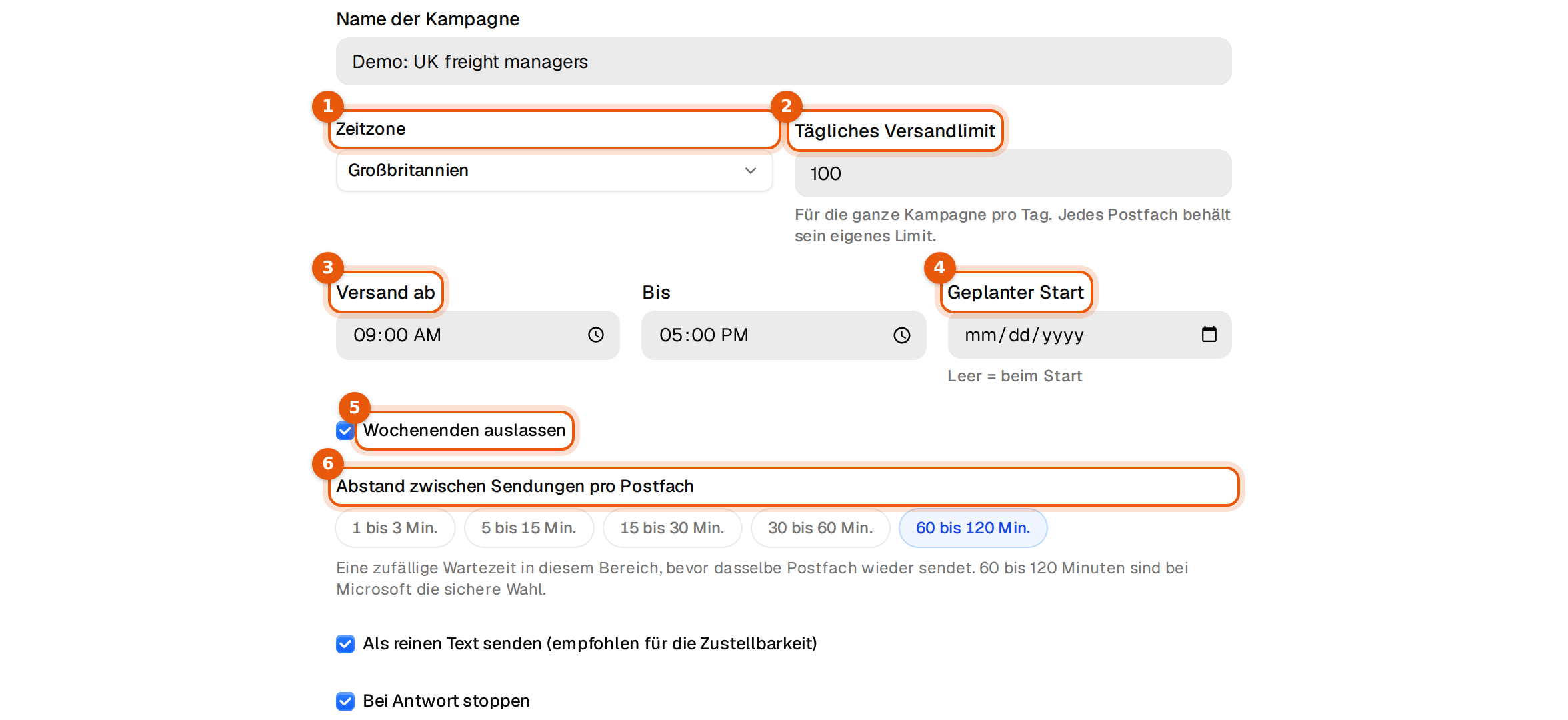 Der Tab Einstellungen mit markierter Zeitzone, Tägliches Versandlimit, Versand ab, Geplanter Start, Wochenenden auslassen und Abstand zwischen Sendungen
