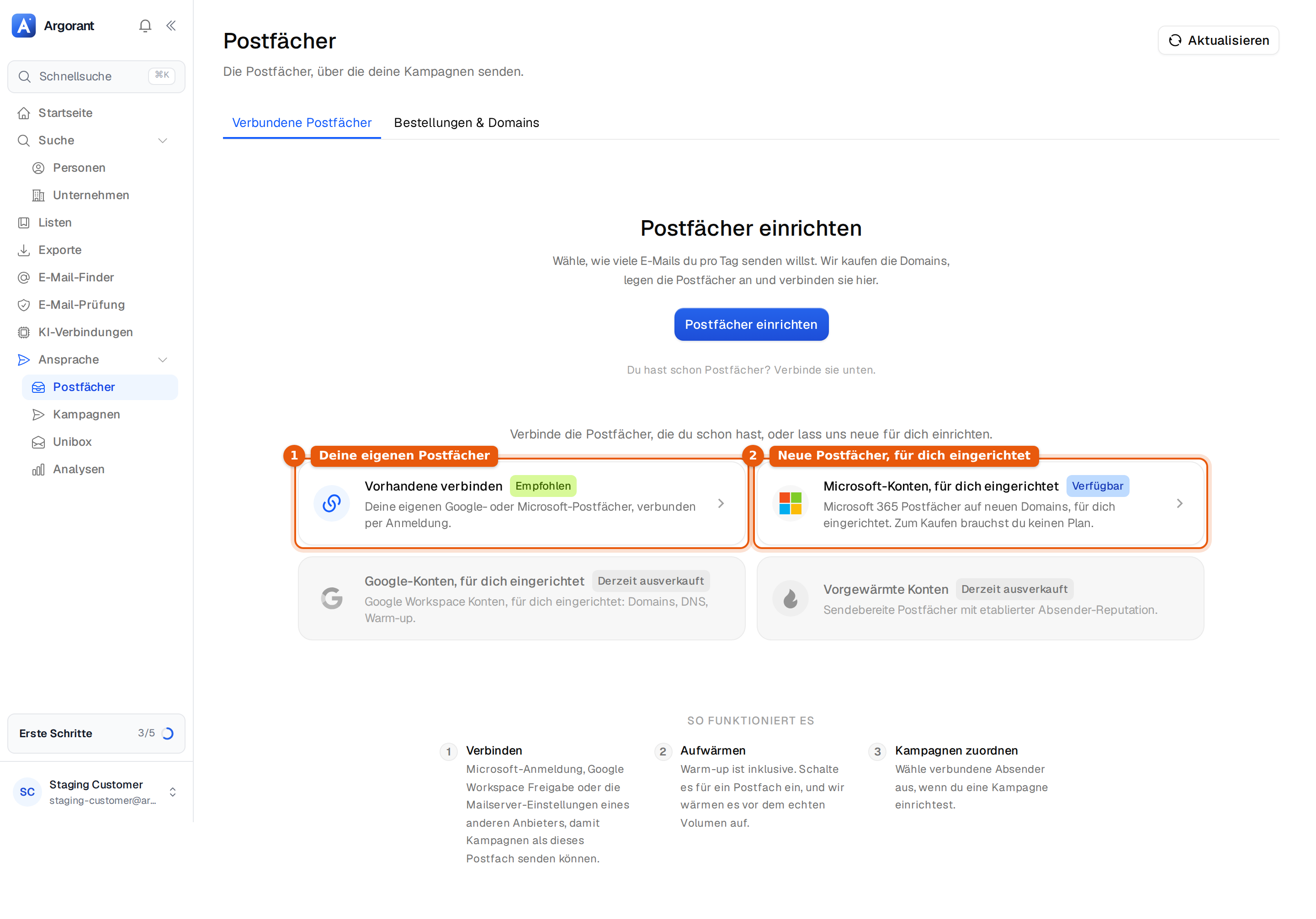 Die Seite Postfächer vor dem ersten Postfach mit Postfächer einrichten, Vorhandene verbinden und Microsoft-Konten, für dich eingerichtet