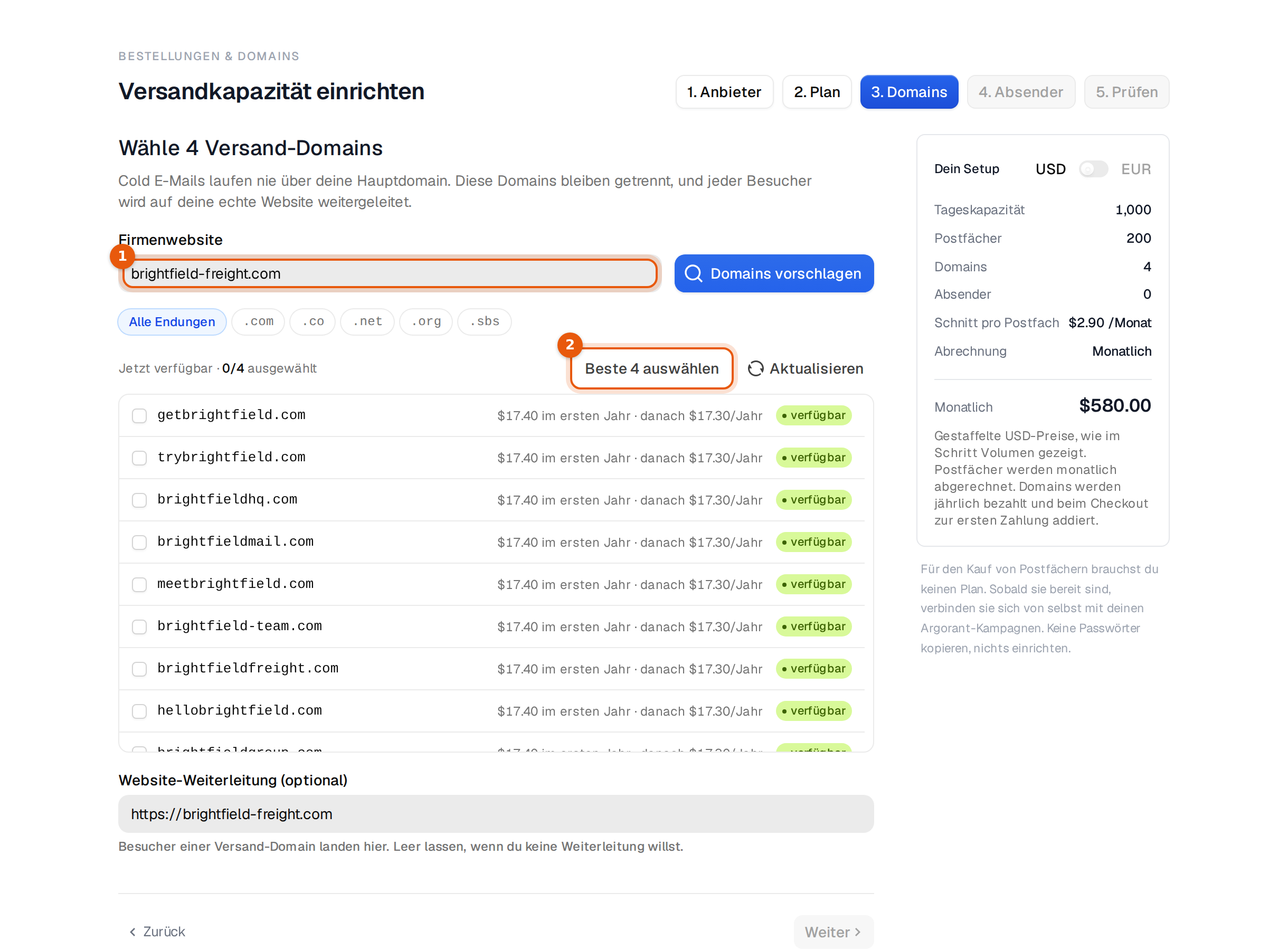 Schritt 3 mit Firmenwebsite, vorgeschlagenen Domains mit Preisen und dem Button Beste 4 auswählen