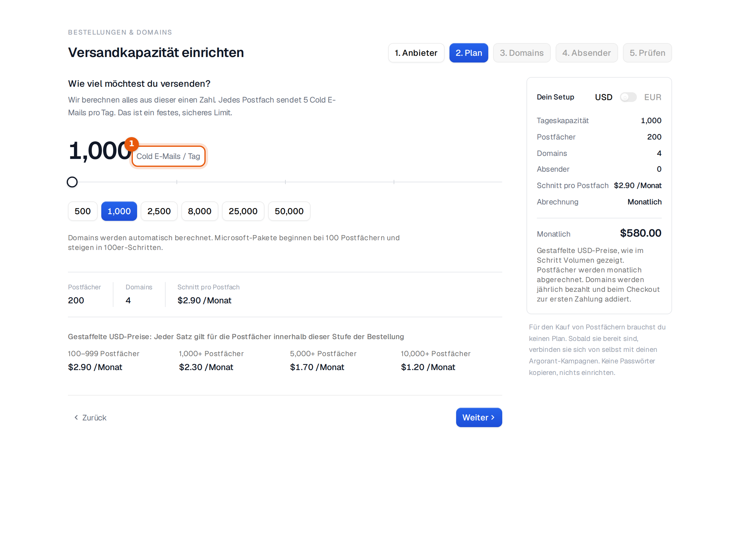 Der Bestellschritt für neue Postfächer mit Tagesvolumen und Preis