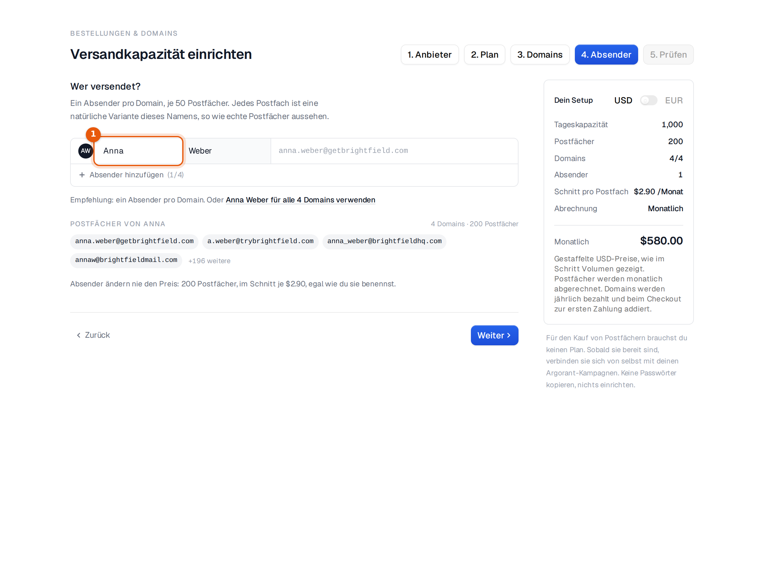 Schritt 4 mit einem Absender und einer Vorschau der Postfach-Adressen