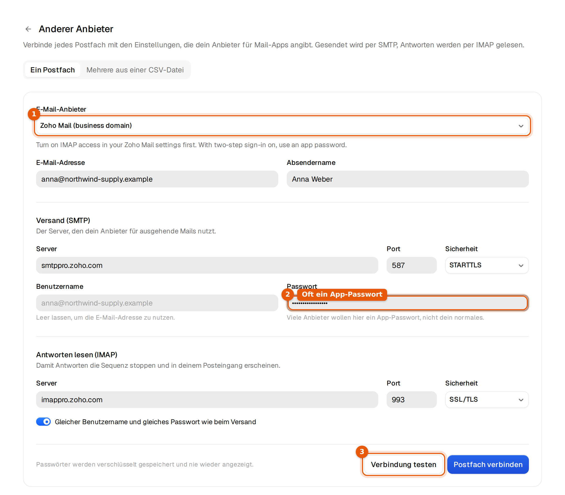 Das Formular Anderer Anbieter mit einer erfundenen Adresse, den Feldern für Versand- und Leseserver und dem Button Verbindung testen