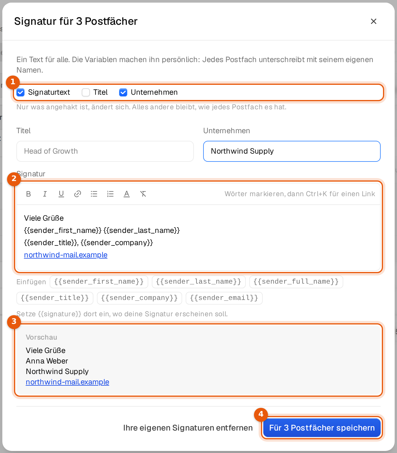 Das Fenster Signatur für 3 Postfächer mit den Kästchen Signaturtext, Titel und Unternehmen, dem Text, der Vorschau und Für 3 Postfächer speichern