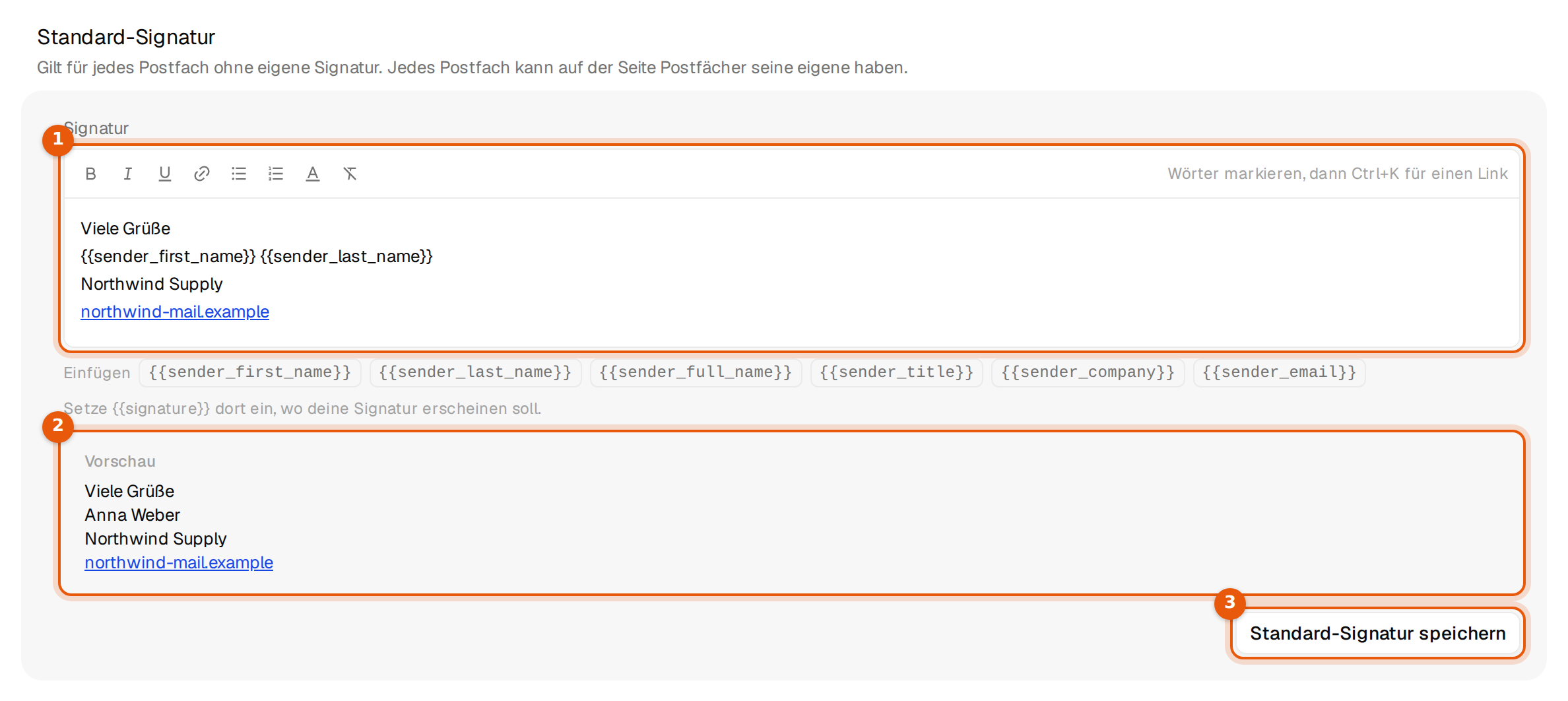 Einstellungen, Postfächer mit dem Text der Standard-Signatur, der Vorschau und Standard-Signatur speichern