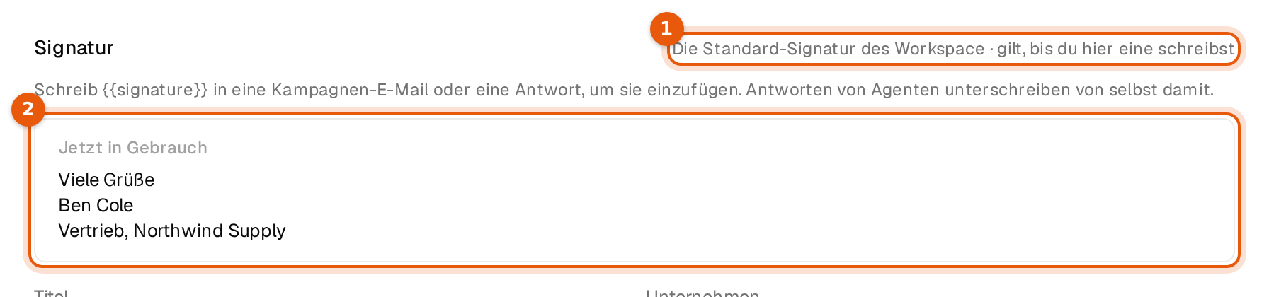 Absender bearbeiten für ein Postfach ohne eigene Signatur mit der Anzeige Die Standard-Signatur des Workspace und dem Kasten Jetzt in Gebrauch