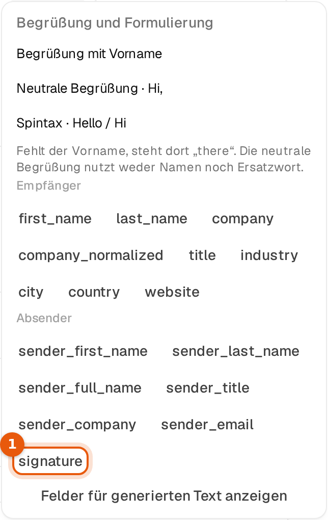 Das Menü Einfügen im E-Mail-Editor mit markiertem Eintrag signature unter Absender