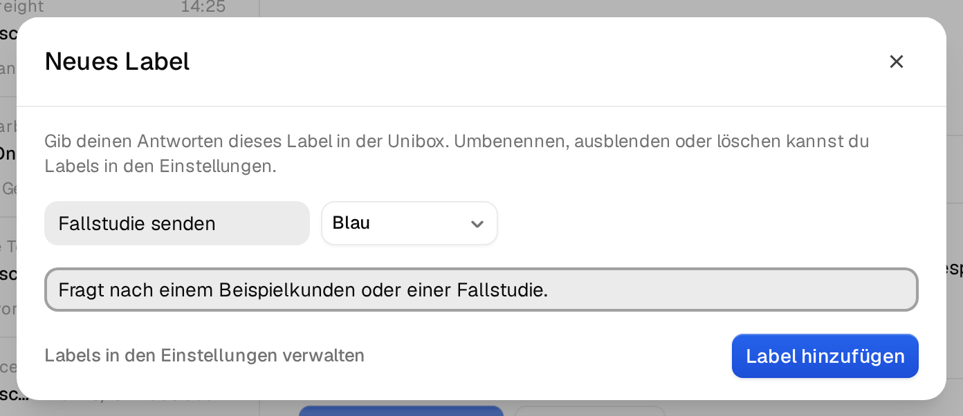 Das Fenster Neues Label in der Unibox mit Name, Farbe und Beschreibung