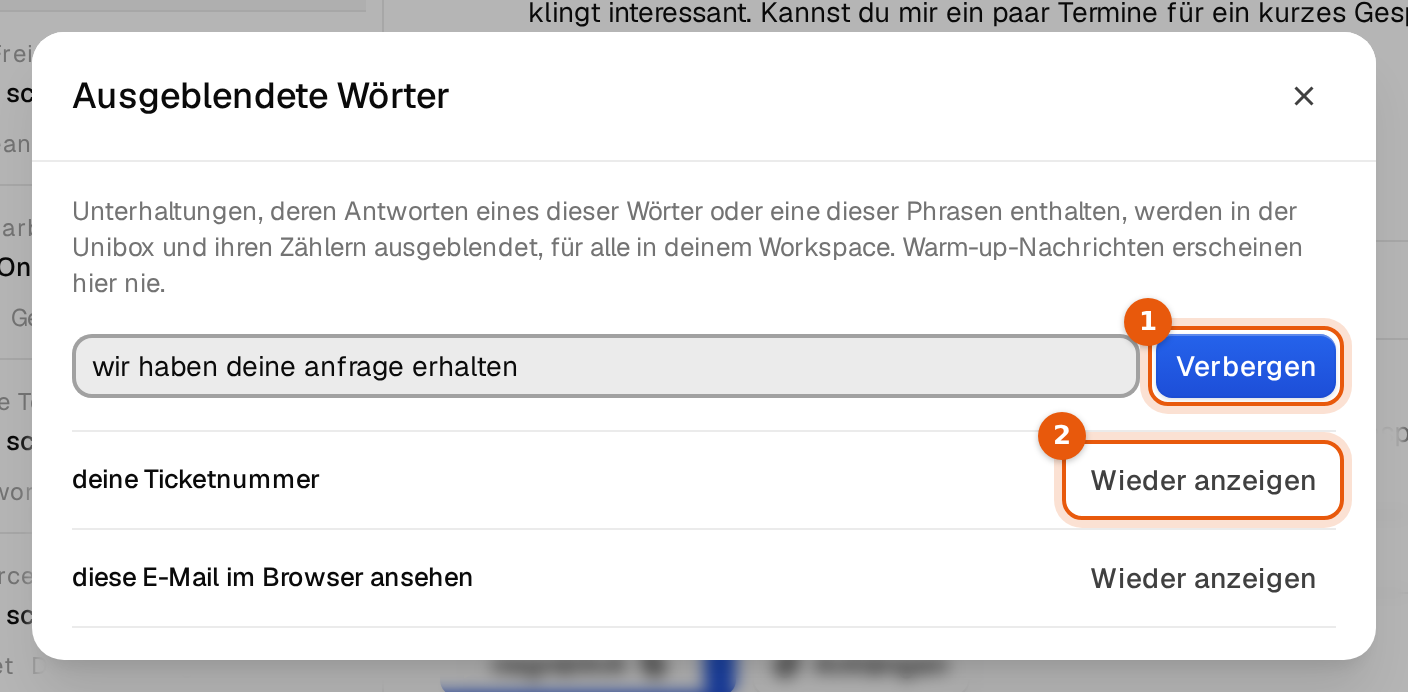 Das Fenster Ausgeblendete Wörter mit Eingabefeld, dem Button Verbergen und zwei ausgeblendeten Phrasen mit Wieder anzeigen
