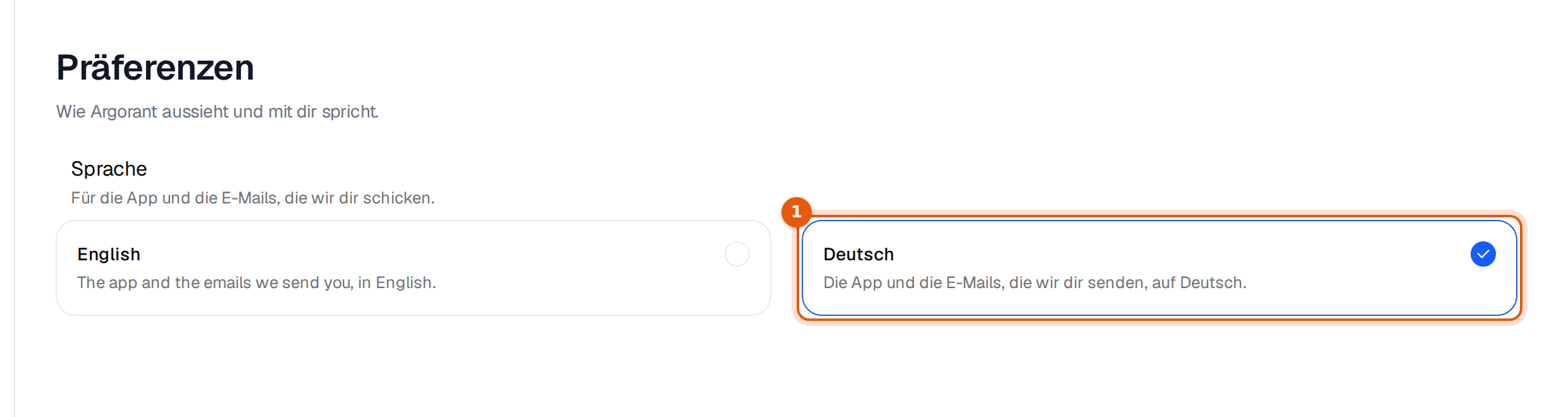 Präferenzen mit den zwei Sprachkarten English und Deutsch