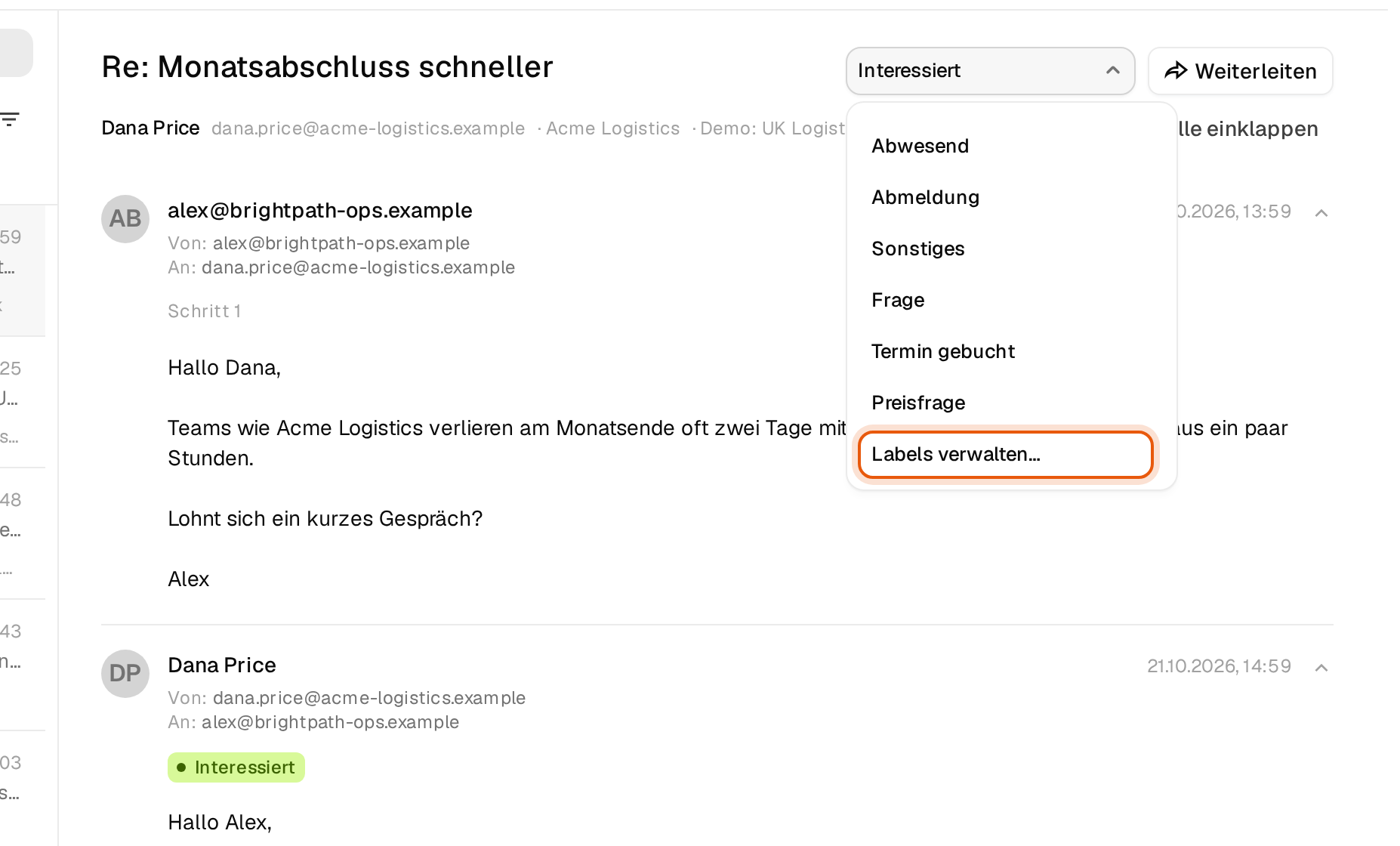Das geöffnete Label-Menü in einer Unterhaltung, unten Labels verwalten