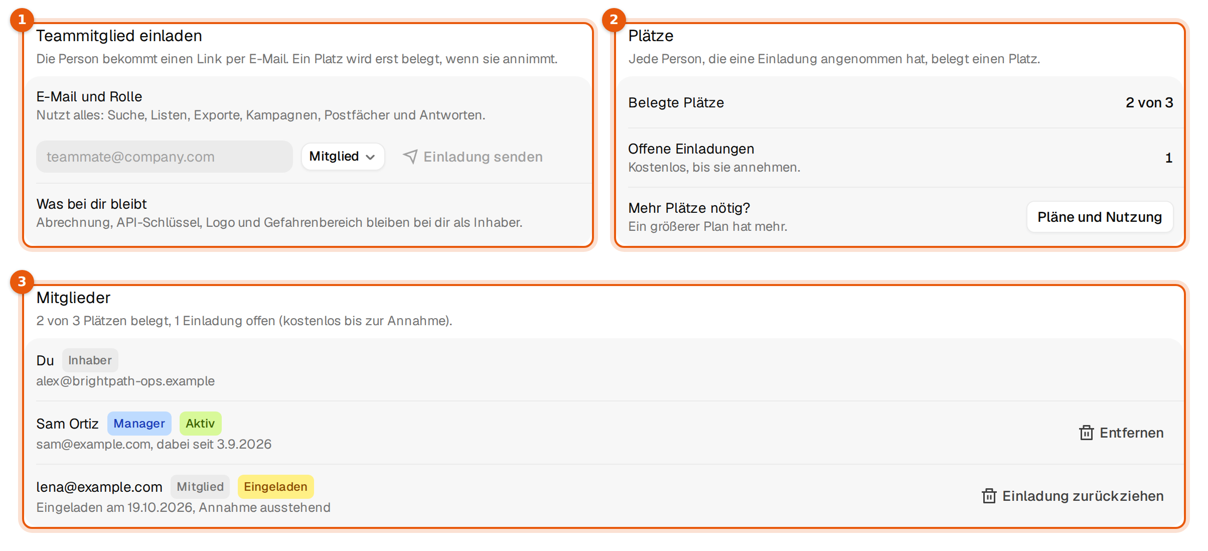 Einstellungen, Team mit Teammitglied einladen, Plätze und der Liste Mitglieder
