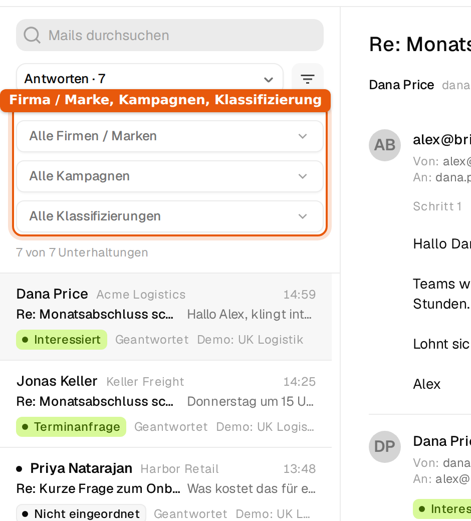 Das geöffnete Filterfeld mit Firma oder Marke, Kampagnen und Klassifizierung
