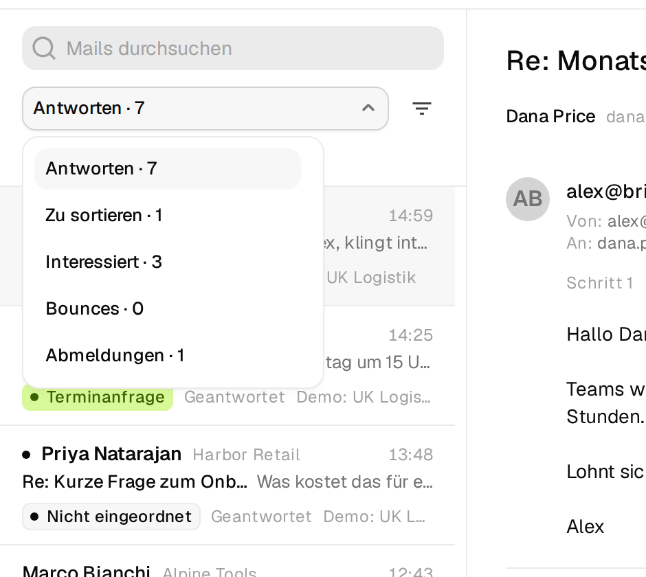 Die Unibox mit Ordnern für Antworten, Interessiert, Bounces und Abmeldungen