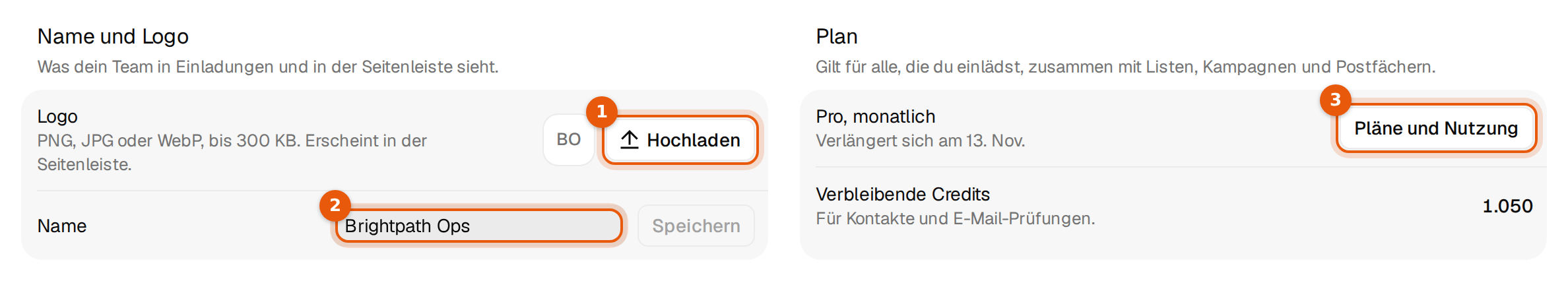 Name und Logo mit Hochladen und dem Namensfeld, daneben die Karte Plan mit Pläne und Nutzung