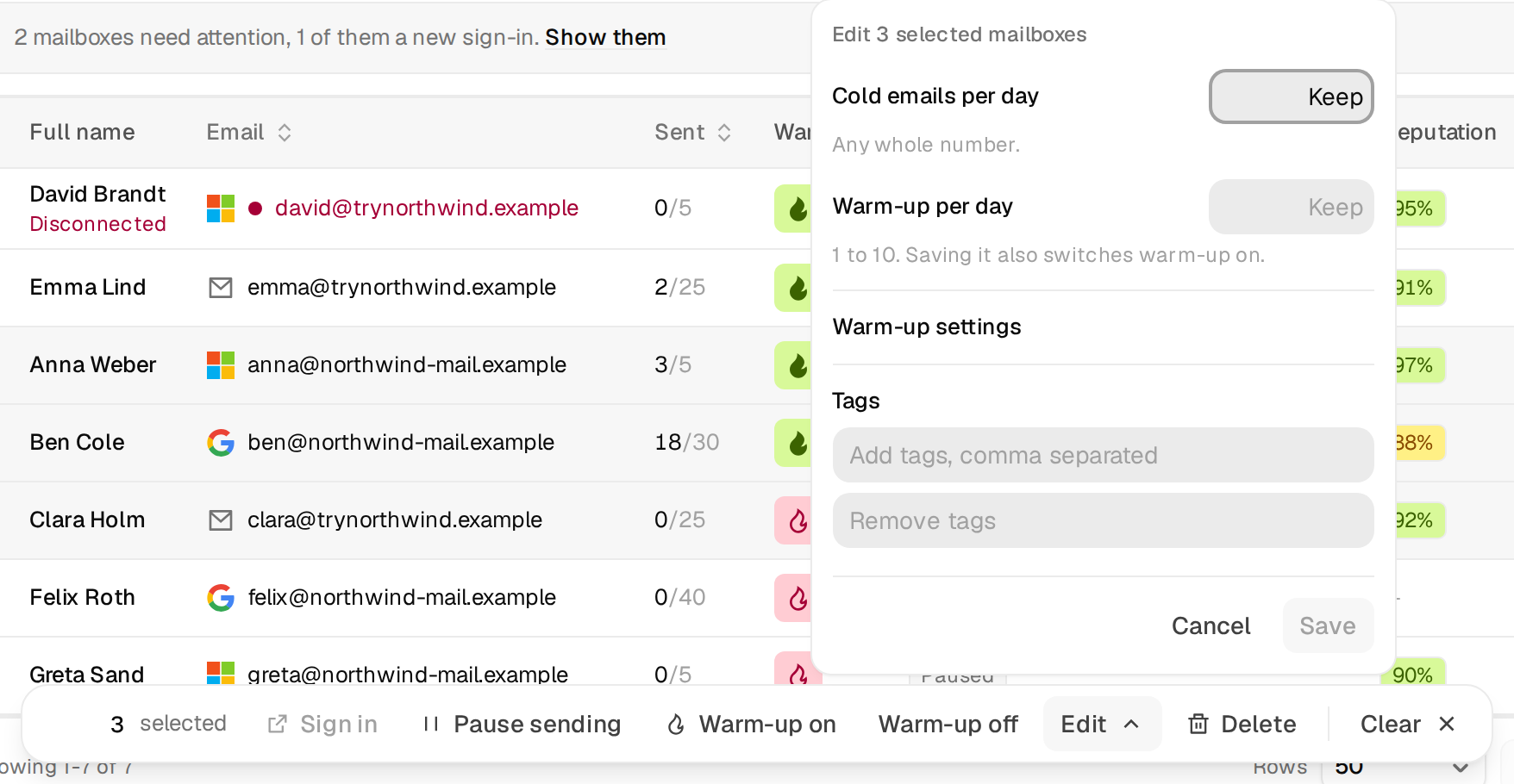 The Edit panel for 3 selected mailboxes with Cold emails per day, Warm-up per day, Warm-up settings and Tags
