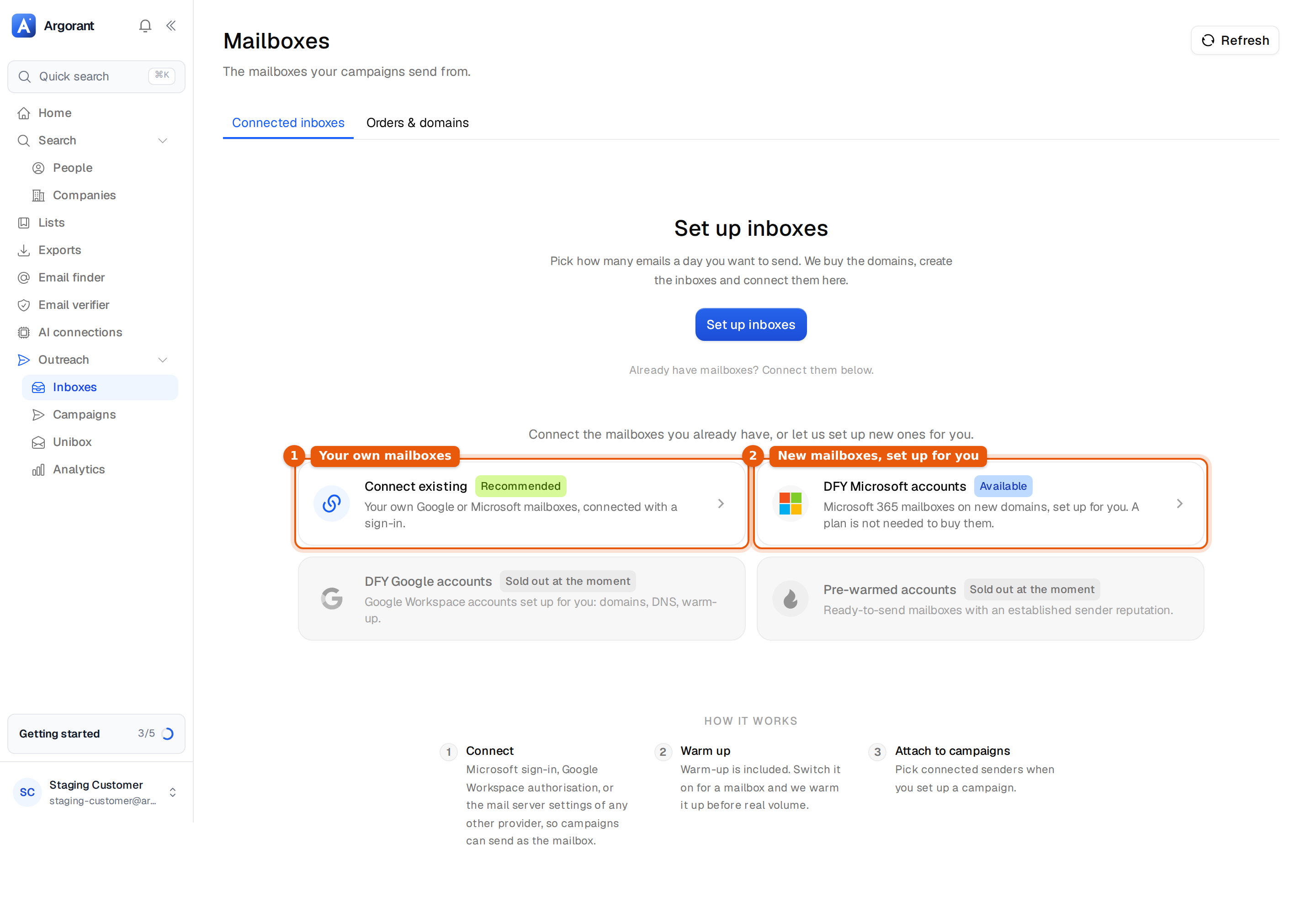 The Mailboxes page before the first mailbox, with Set up inboxes, Connect existing and DFY Microsoft accounts