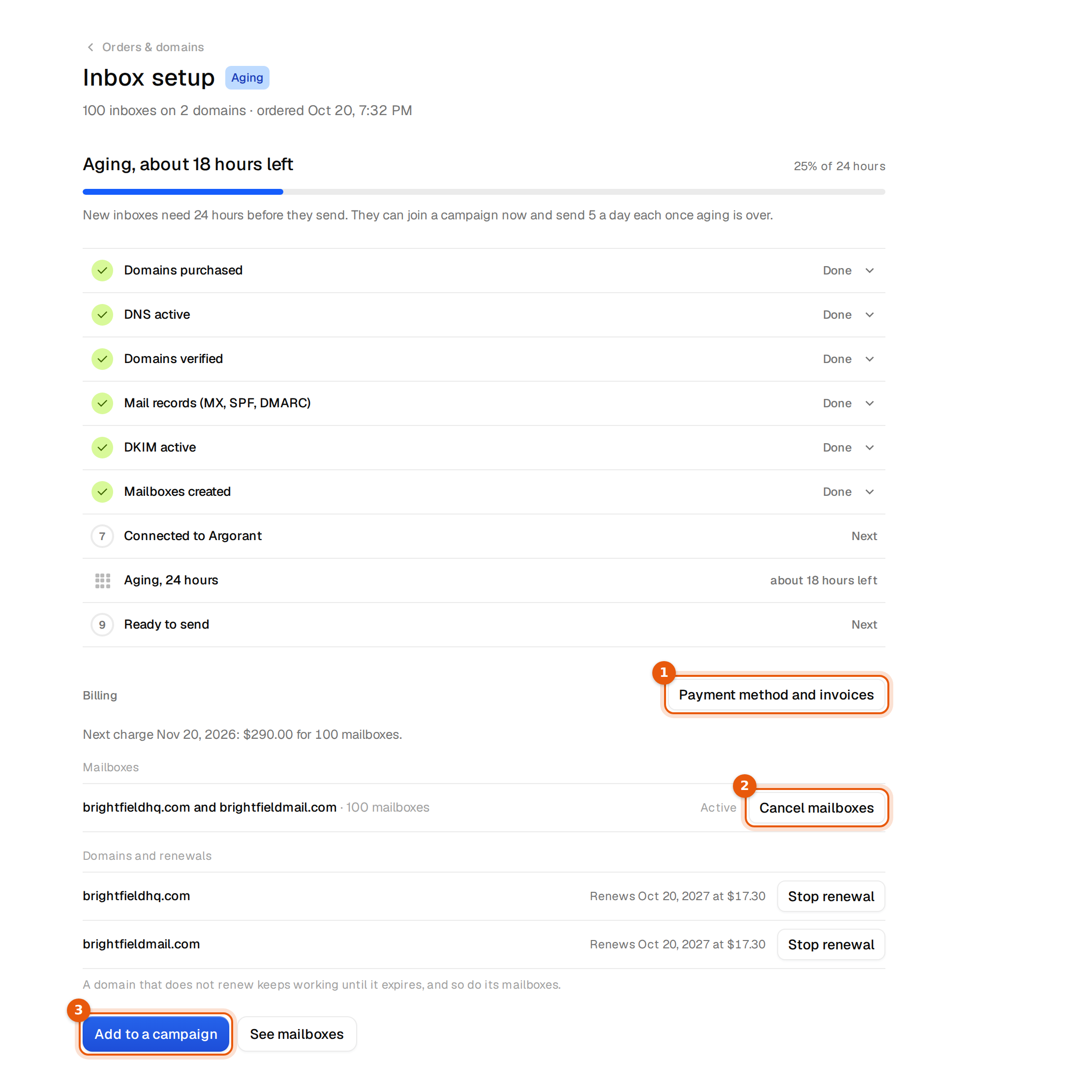 An order page with the setup steps, the billing section, domains and renewals, and Add to a campaign