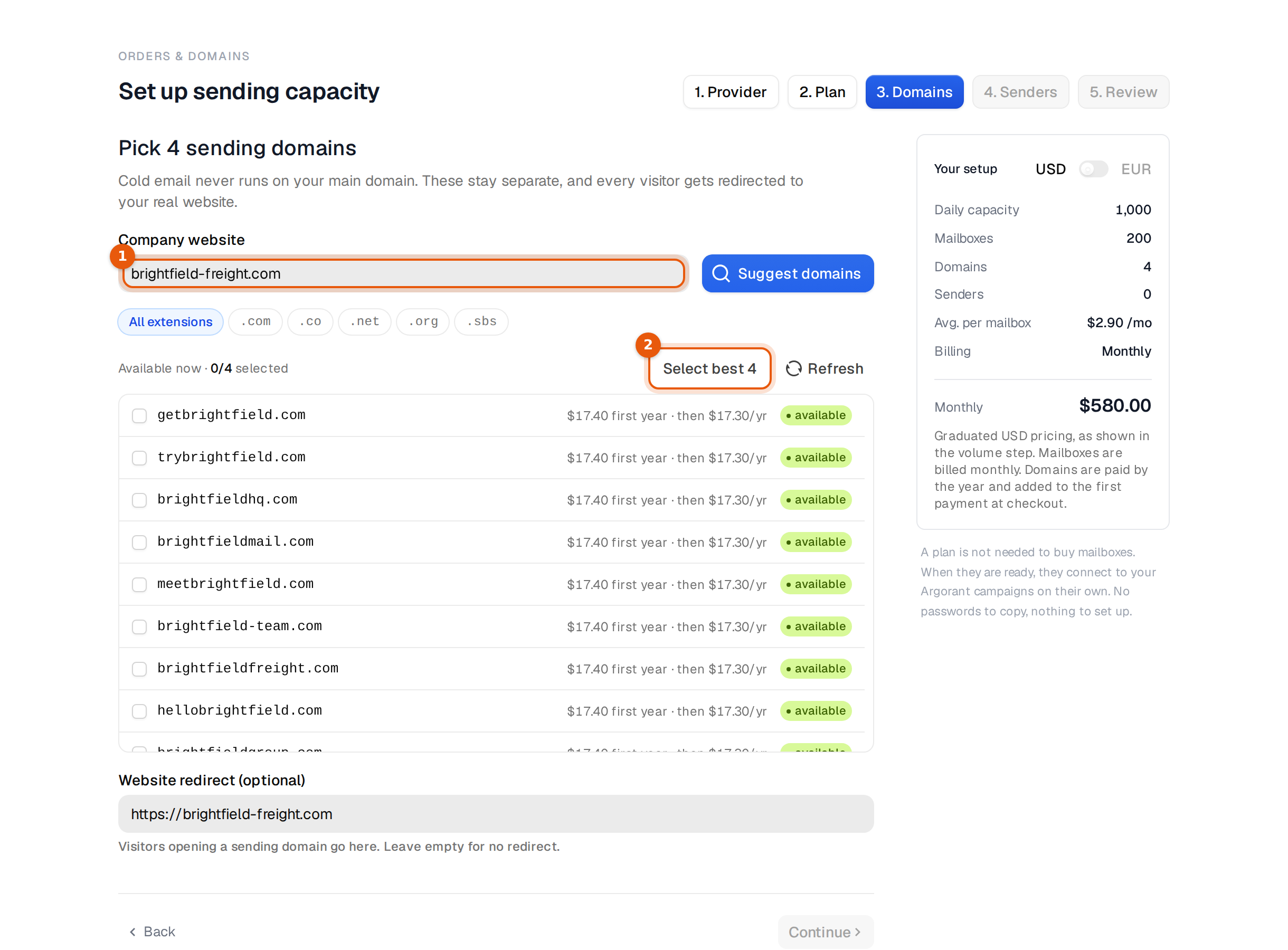 Step 3 with the company website, suggested domains with prices and the Select best 4 button