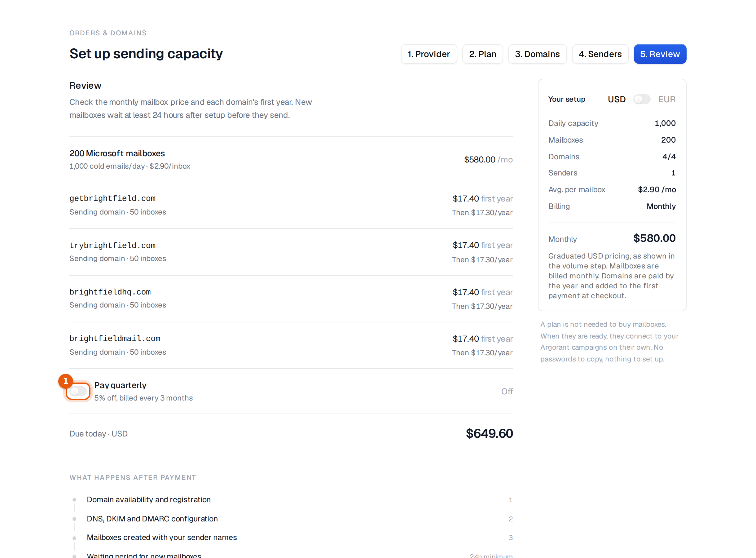 Step 5 with the mailboxes, four domains with prices, the Pay quarterly switch and the amount due today