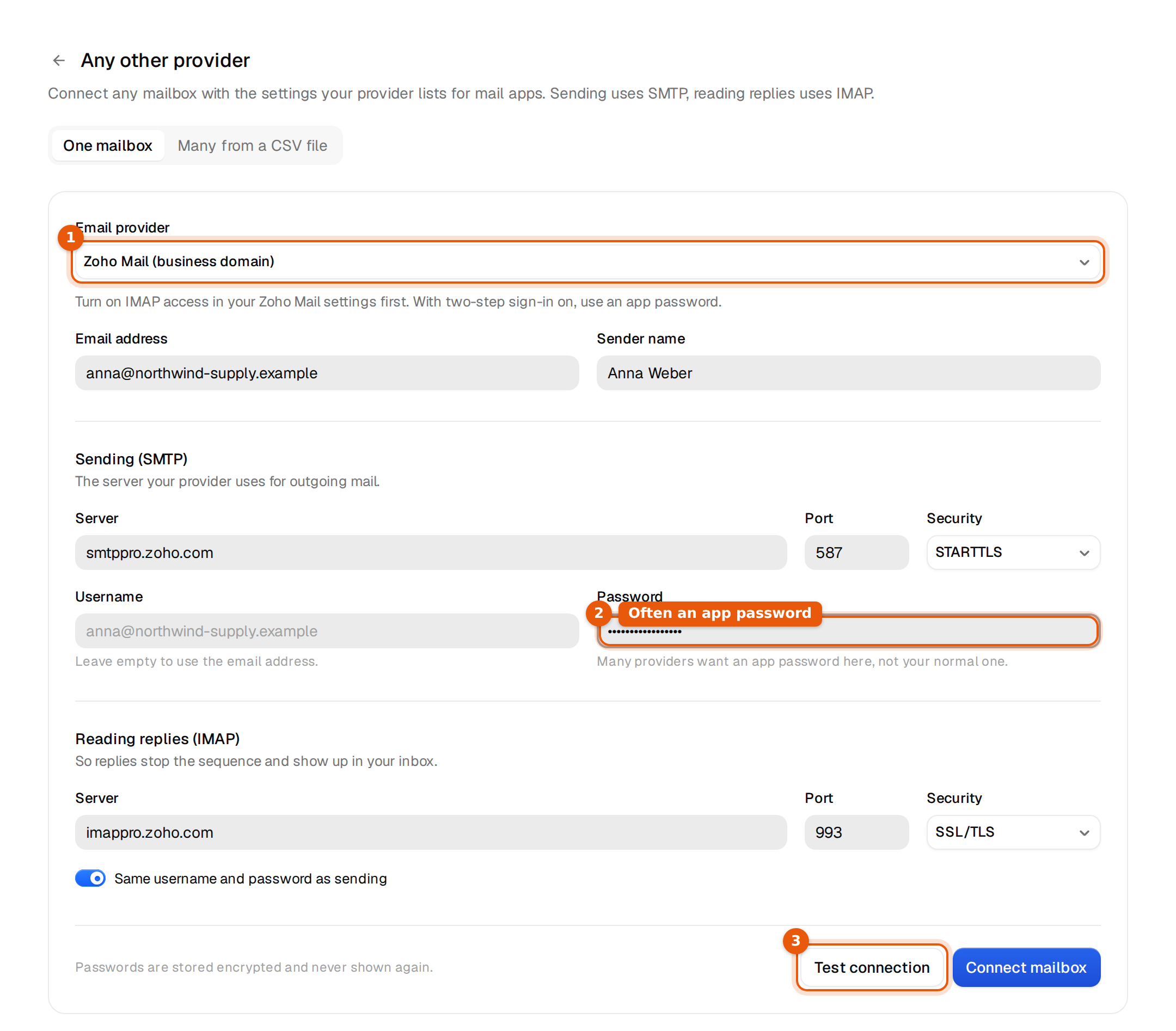 The Any other provider form with a fictional address, the sending and reading server fields and the Test connection button