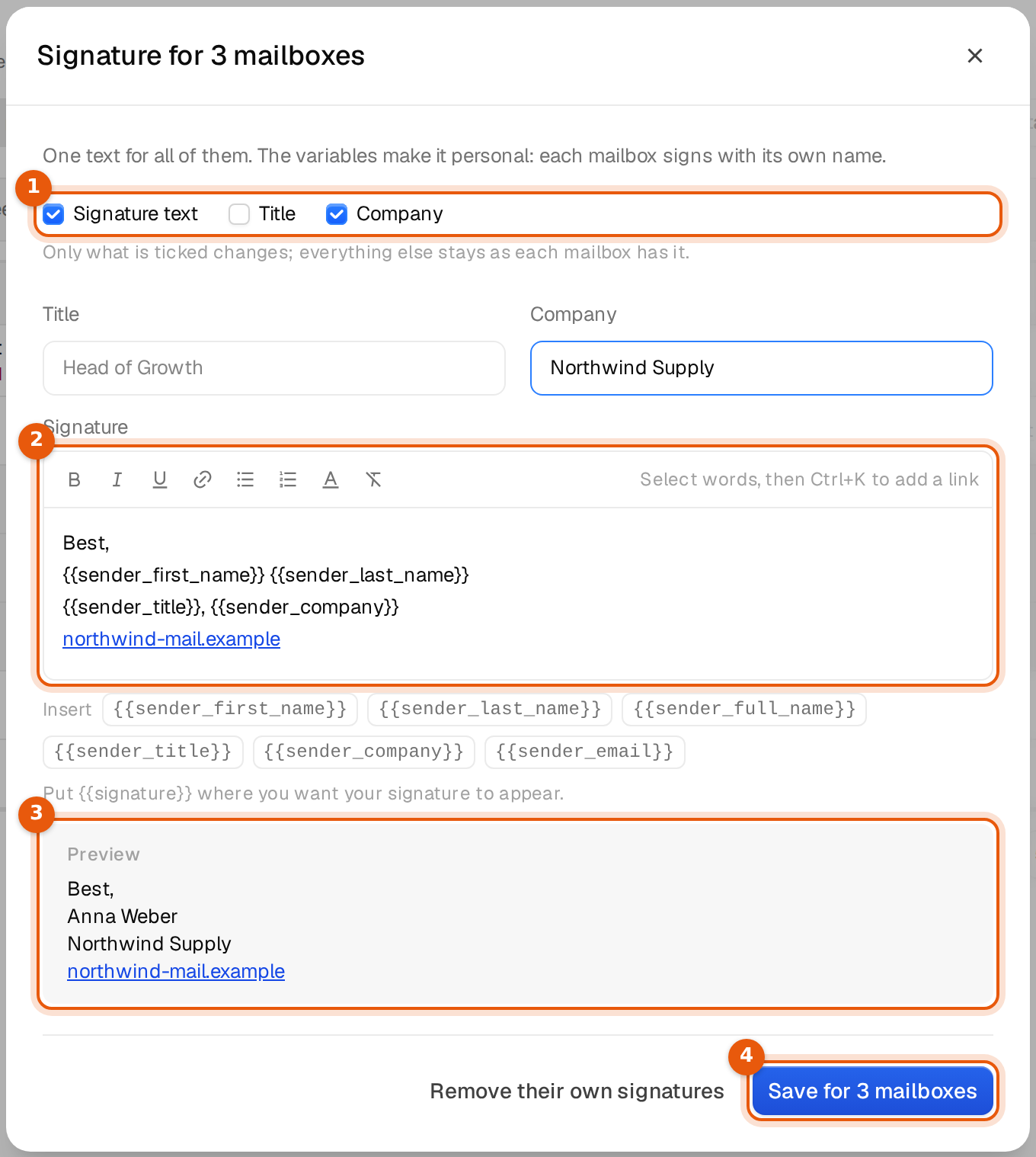 The window Signature for 3 mailboxes with the boxes Signature text, Title and Company, the text, the preview and Save for 3 mailboxes