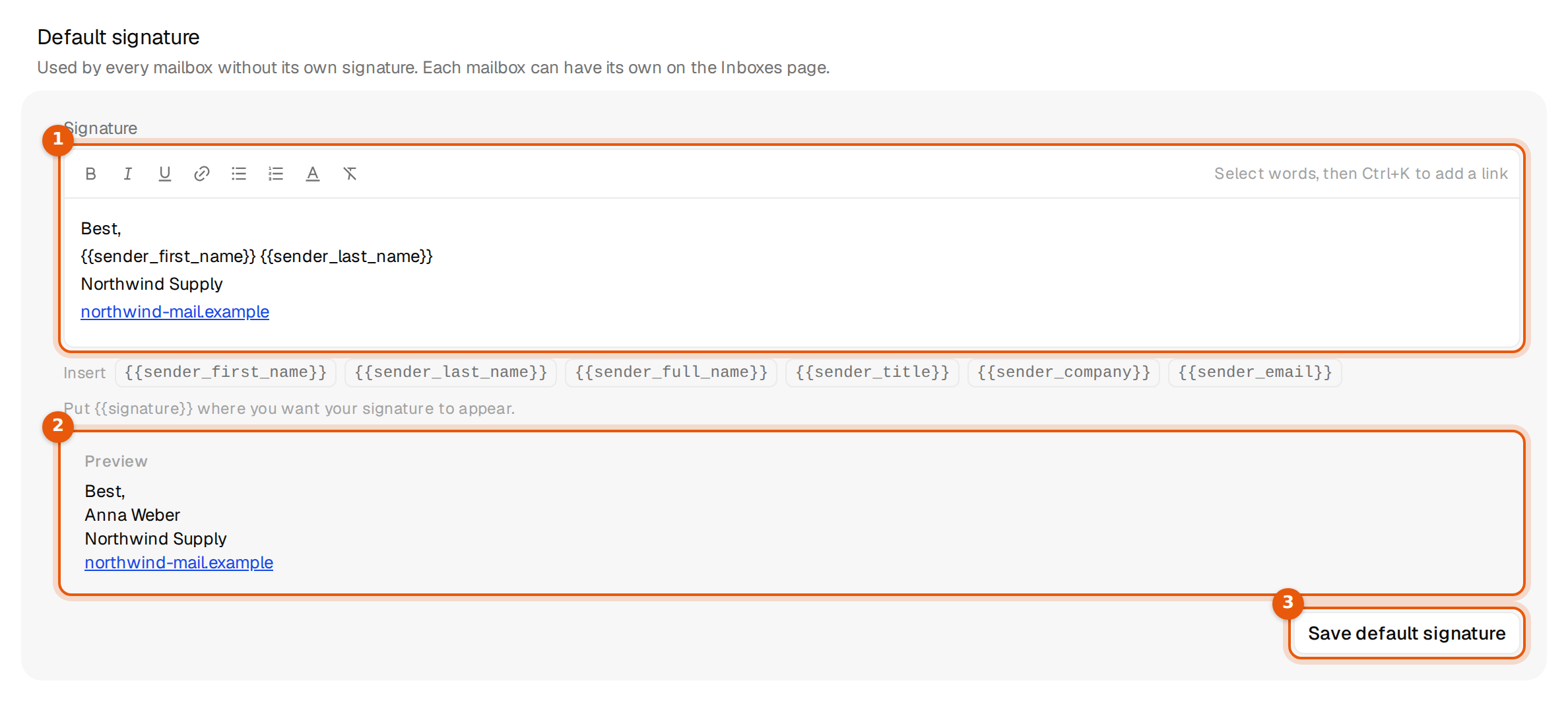 Settings, Mailboxes with the Default signature text, the preview and Save default signature