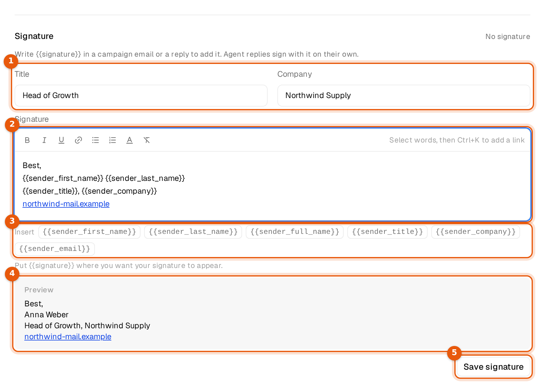 The Signature part of Edit sender with Title, Company, the signature text, the variable buttons, the preview and Save signature